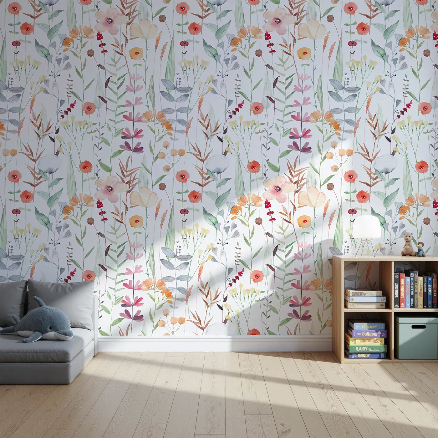 Front view of Whimsy Tots' Watercolor Wildflower Patch Wall Mural