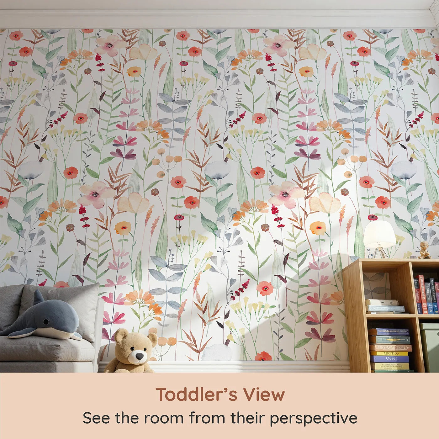 Whimsy Tots Watercolor Wildflower Patch Wall Mural (Turn Their Room into a Gentle, Hand-Painted Meadow) from your child's view.Gender-Neutral
