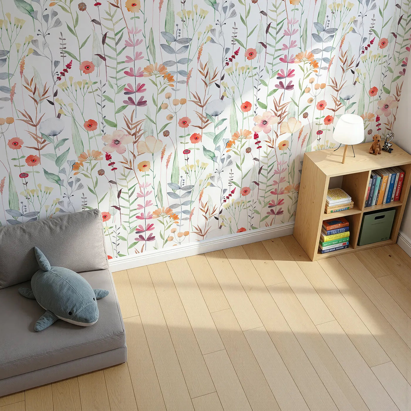 Top-down view of Whimsy Tots' Watercolor Wildflower Patch Wall Mural (Turn Their Room into a Gentle, Hand-Painted Meadow).Gender-Neutral