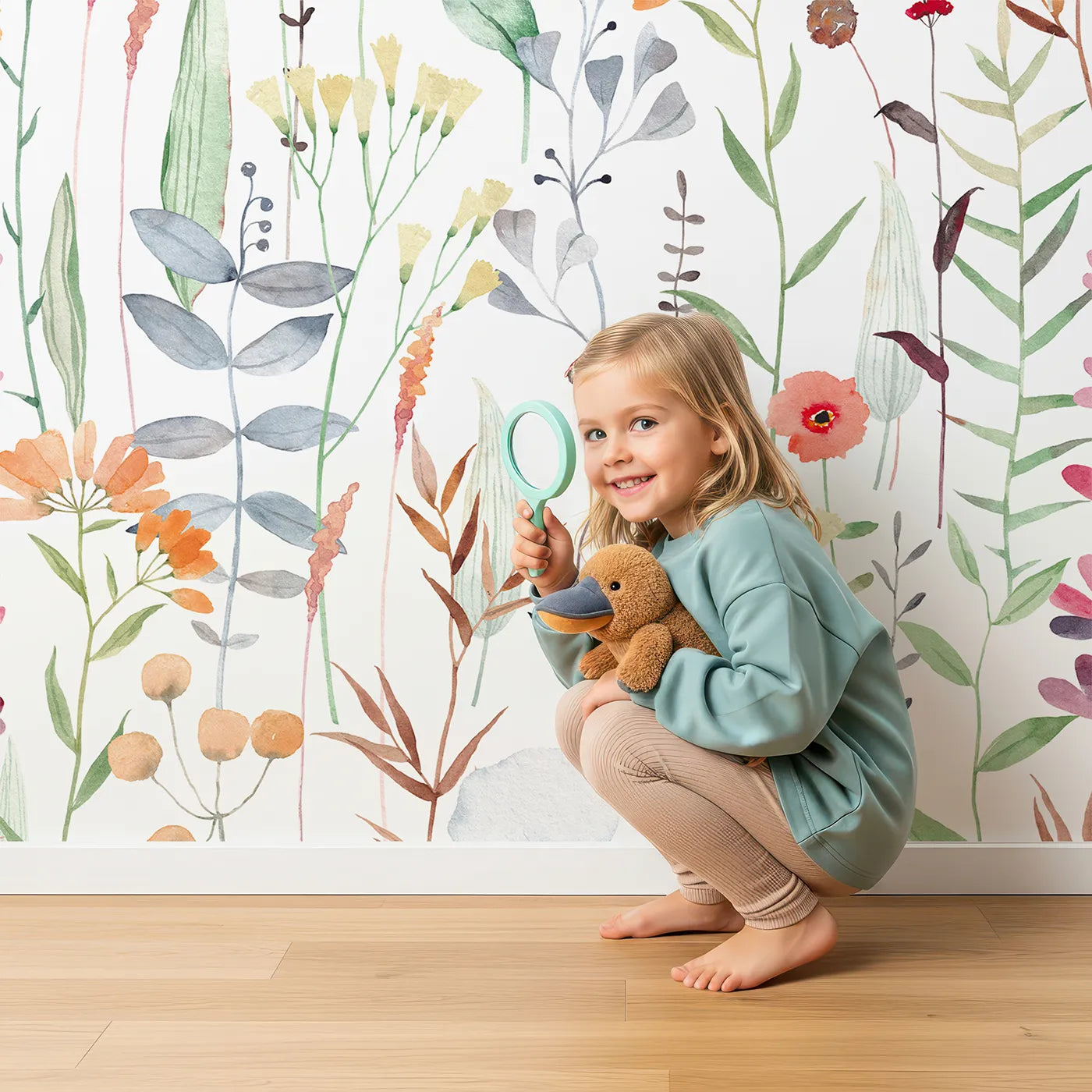 Child in front of Whimsy Tots Watercolor Wildflower Patch Wall Mural with flower, wildflower, watercolor, floral, pattern, pink, orange, botanical in design.