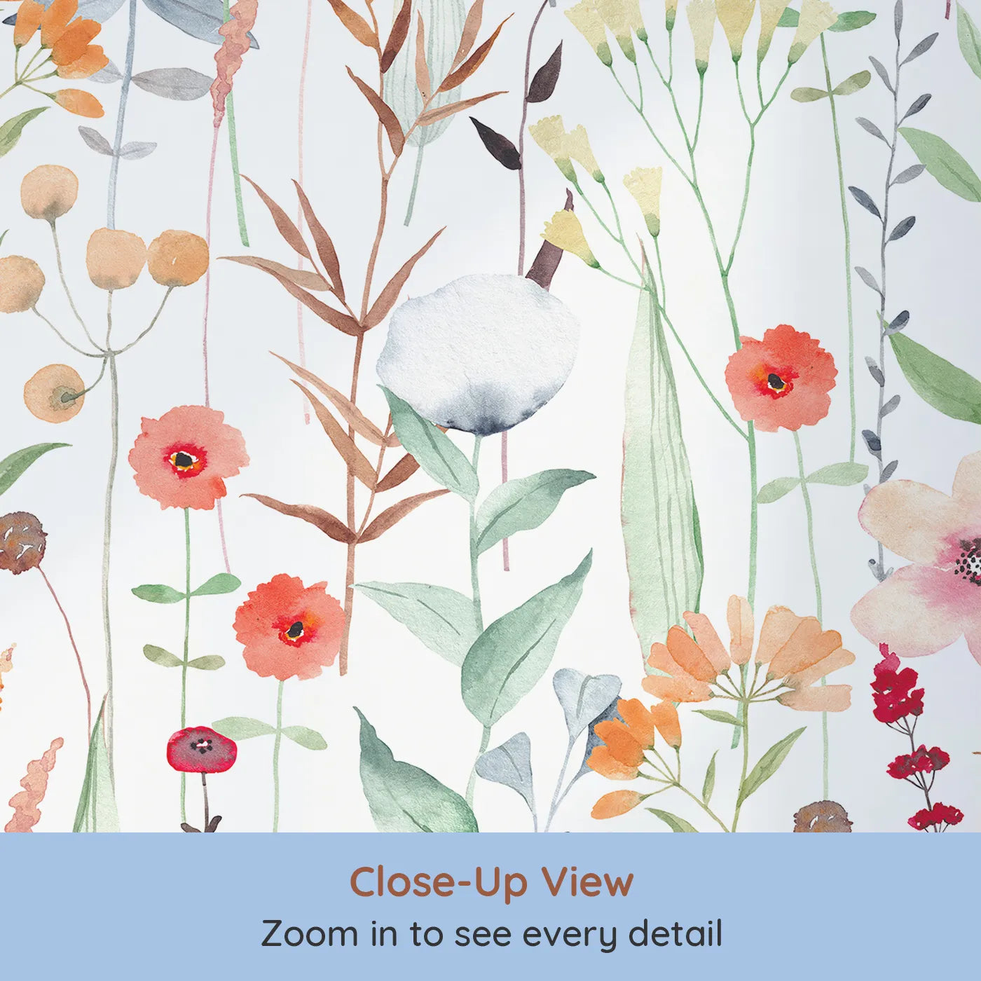 Close-up view of Whimsy Tots' Watercolor Wildflower Patch Wall Mural (Turn Their Room into a Gentle, Hand-Painted Meadow).Gender-Neutral