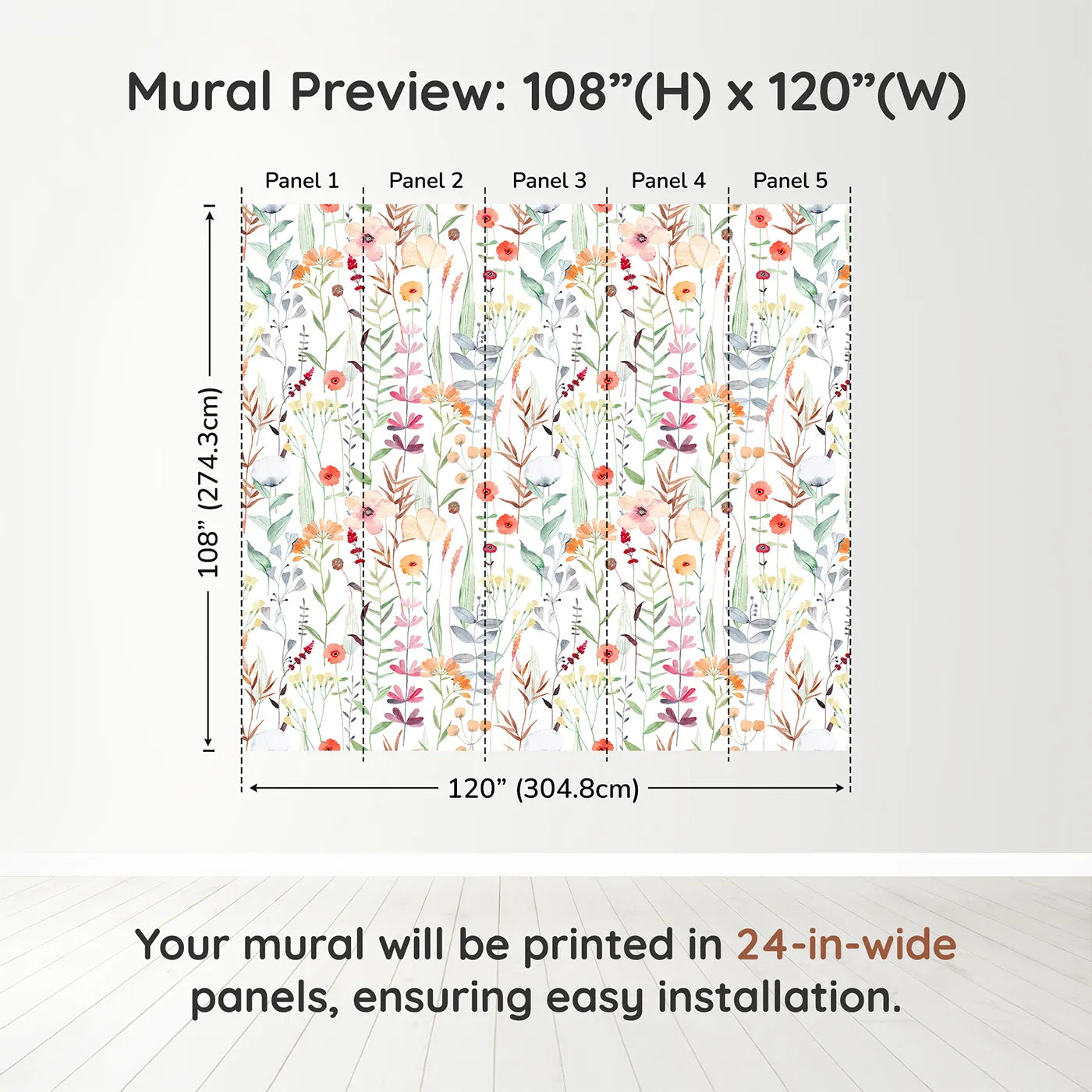 Whimsy Tots Watercolor Wildflower Patch Wall Muraldimension view (108" H x 120" W). Printed in five 24-inch-wide panels. Gender-Neutral