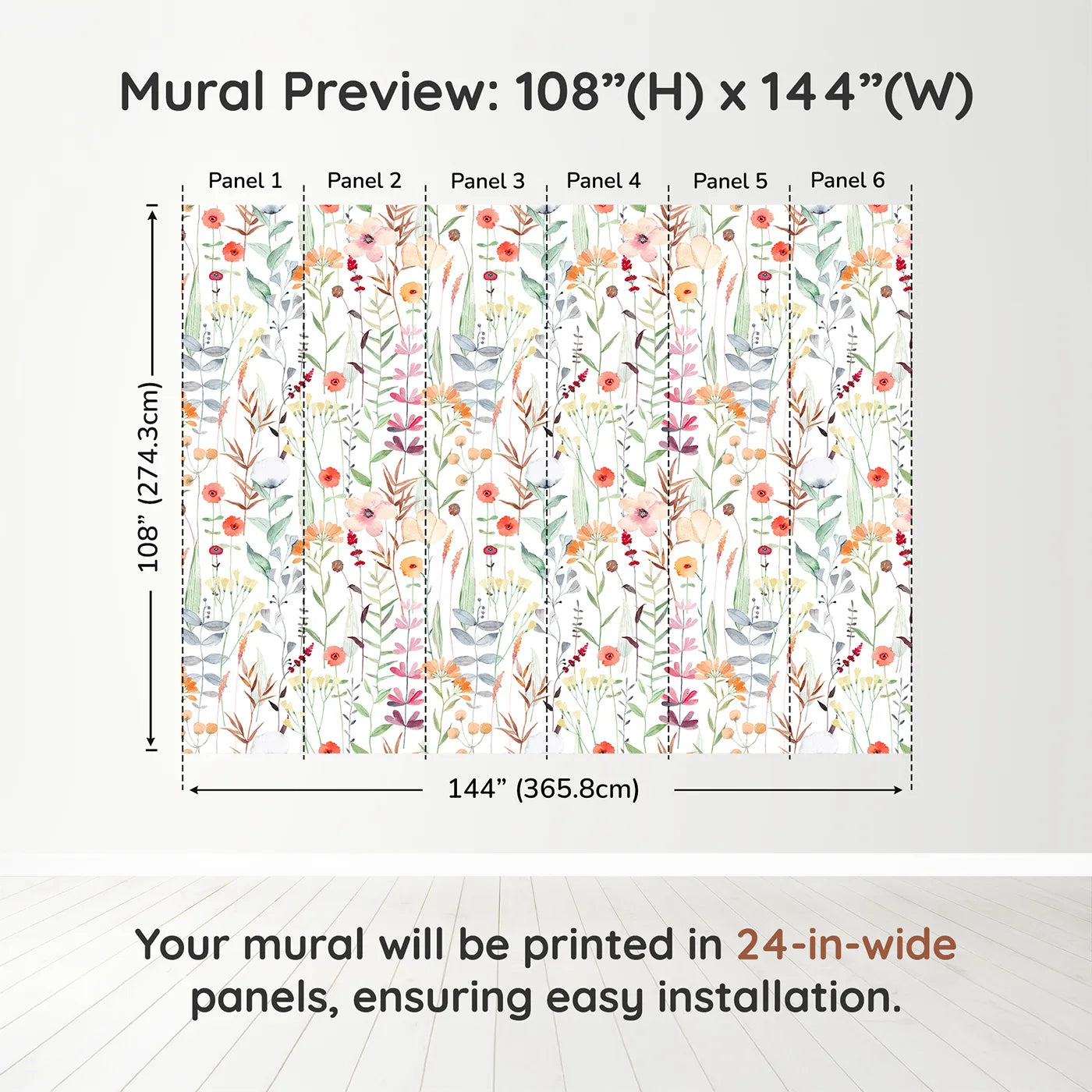 Whimsy Tots Watercolor Wildflower Patch Wall Muraldimension view (108" H x 144" W). Printed in six 24-inch-wide panels. Gender-Neutral