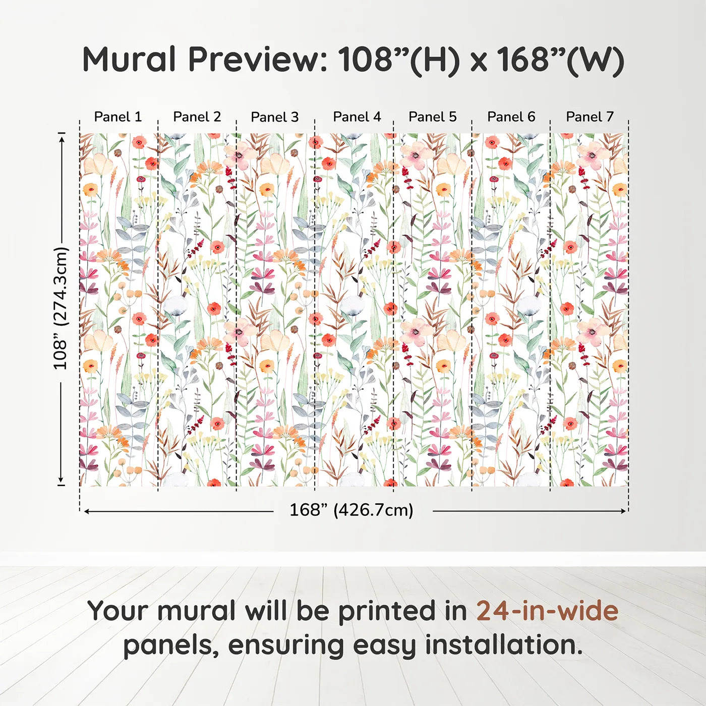 Whimsy Tots Watercolor Wildflower Patch Wall Muraldimension view (108" H x 168" W). Printed in seven 24-inch-wide panels. Gender-Neutral