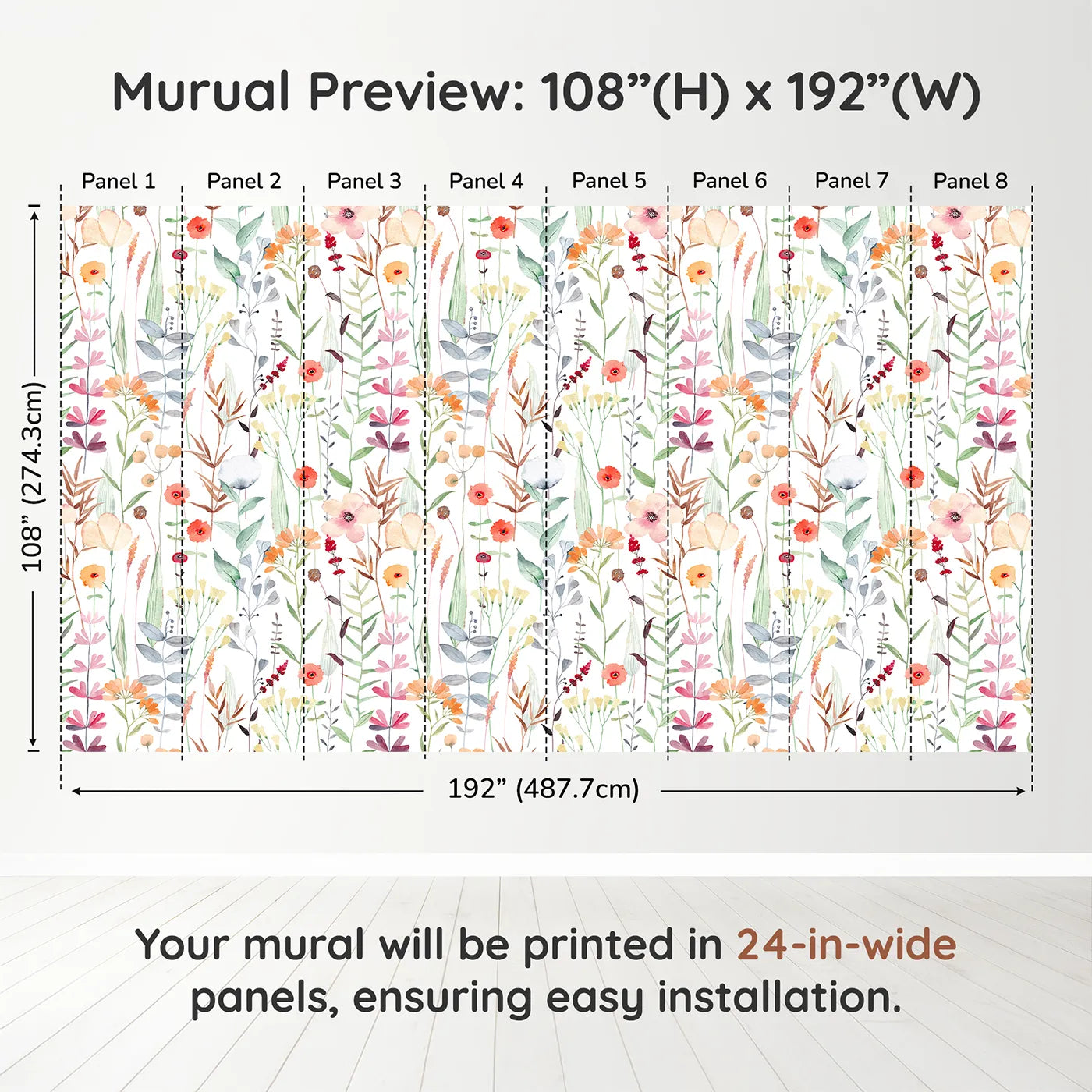 Whimsy Tots Watercolor Wildflower Patch Wall Muraldimension view (108" H x 192" W). Printed in eight 24-inch-wide panels. Gender-Neutral