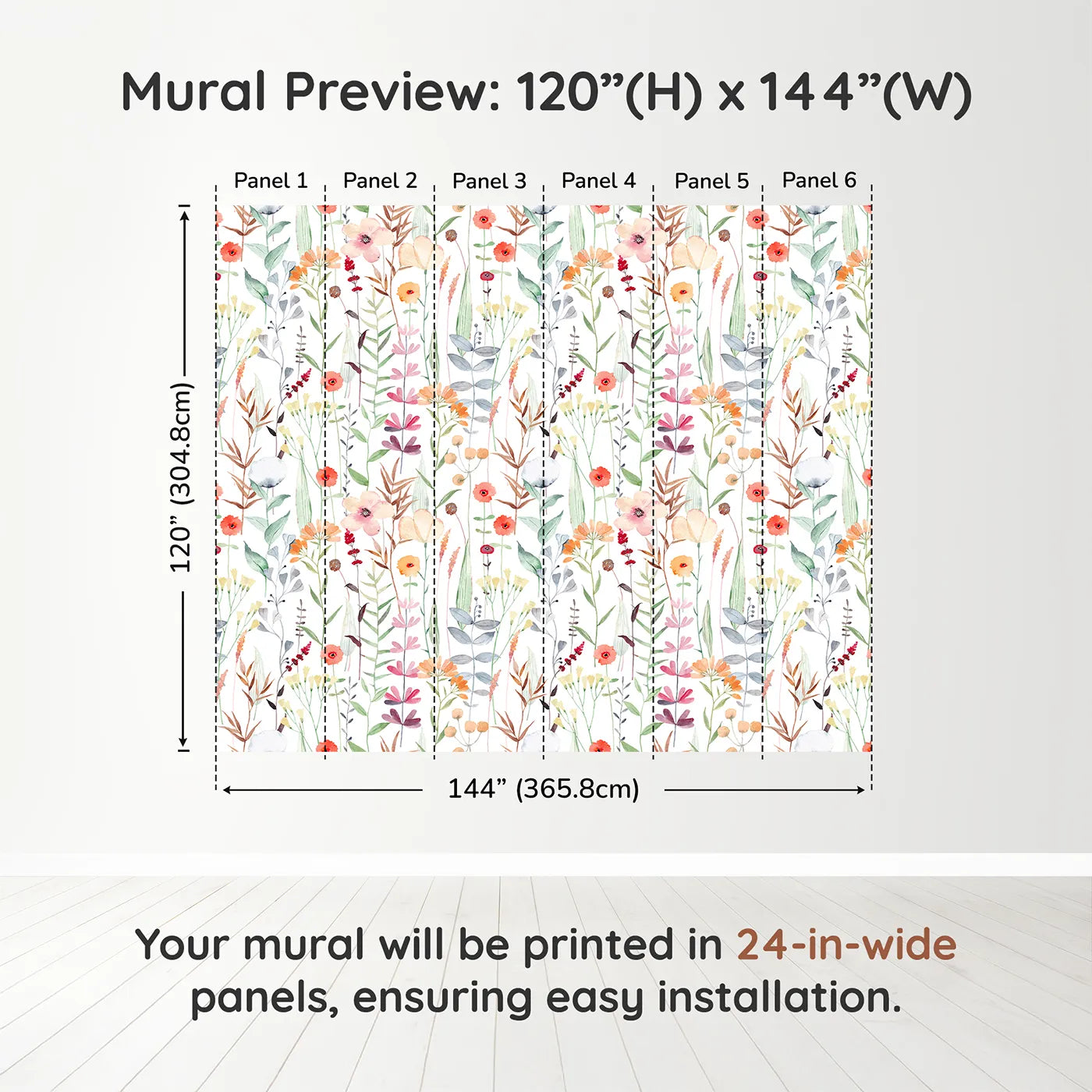 Whimsy Tots Watercolor Wildflower Patch Wall Muraldimension view (120" H x 144" W). Printed in six 24-inch-wide panels. Gender-Neutral