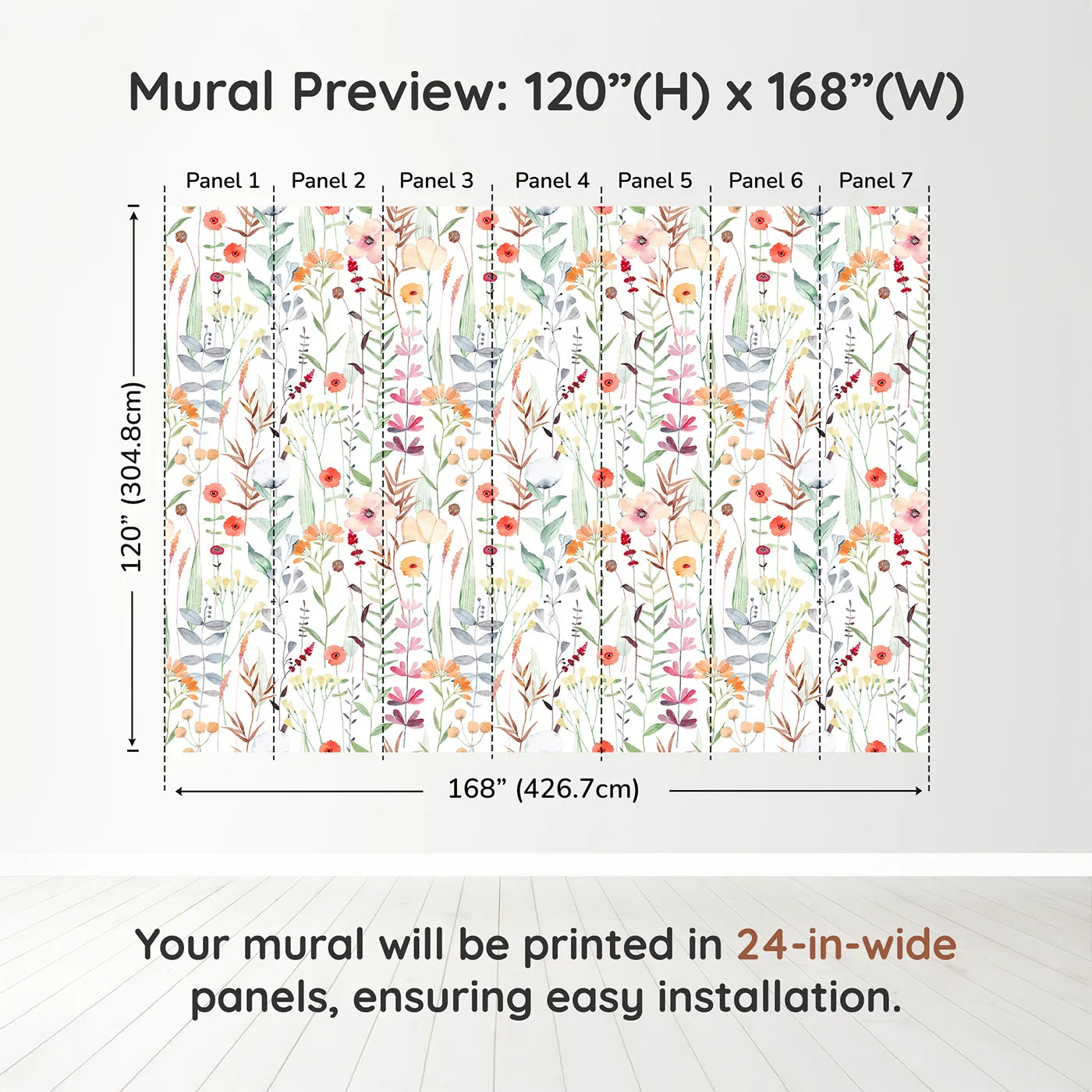 Whimsy Tots Watercolor Wildflower Patch Wall Muraldimension view (120" H x 168" W). Printed in seven 24-inch-wide panels. Gender-Neutral