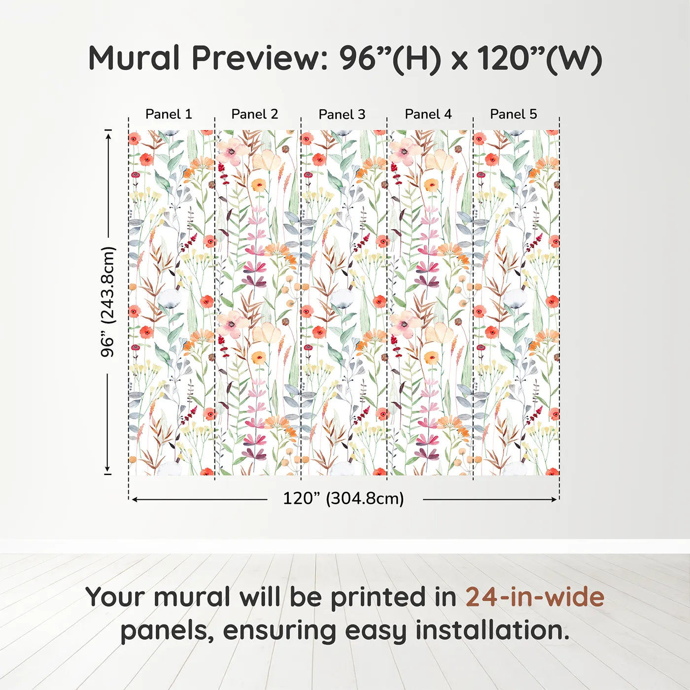 Whimsy Tots Watercolor Wildflower Patch Wall Muraldimension view (96" H x 120" W). Printed in five 24-inch-wide panels. Gender-Neutral