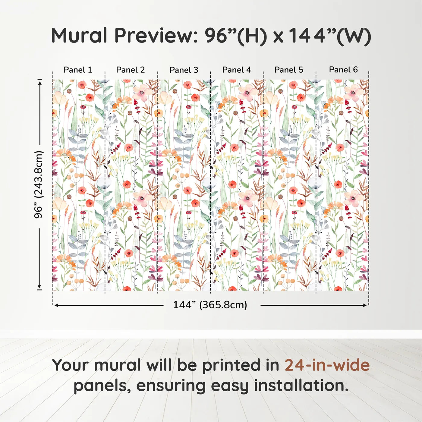 Whimsy Tots Watercolor Wildflower Patch Wall Muraldimension view (96" H x 144" W). Printed in six 24-inch-wide panels. Gender-Neutral