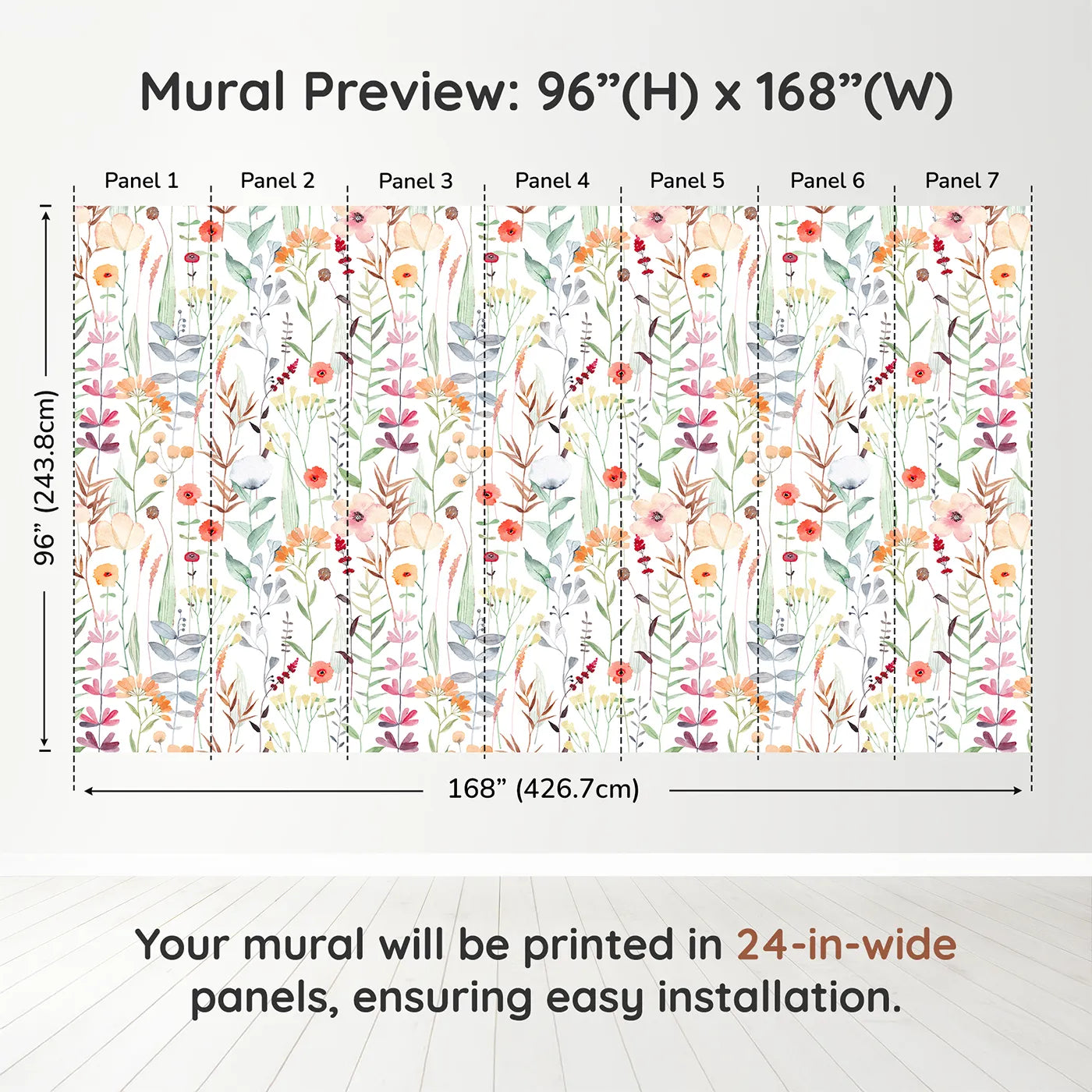 Whimsy Tots Watercolor Wildflower Patch Wall Muraldimension view (96" H x 168" W). Printed in seven 24-inch-wide panels. Gender-Neutral