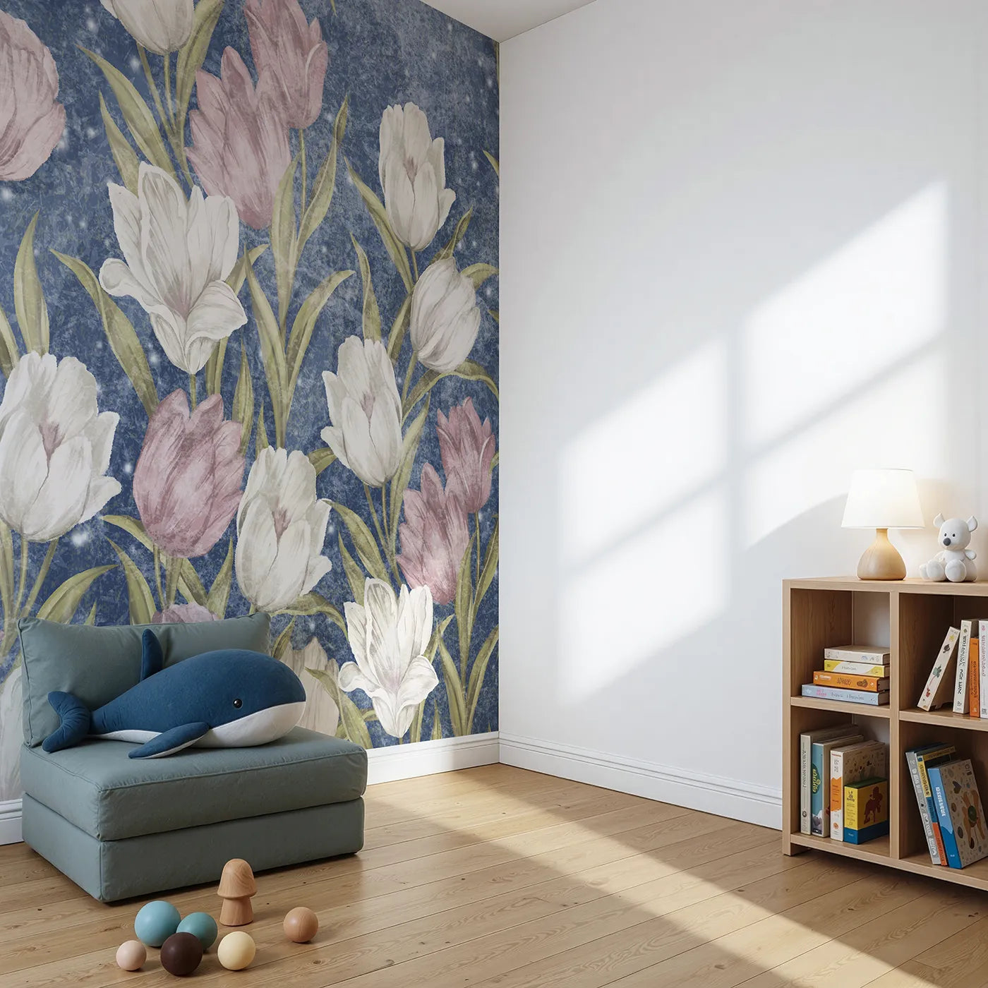 Angled view of Whimsy Tots' Starry Tulip Field Wall Mural (Turn Their Room into a Magical, Moonlit Tulip Garden).Best for Girls