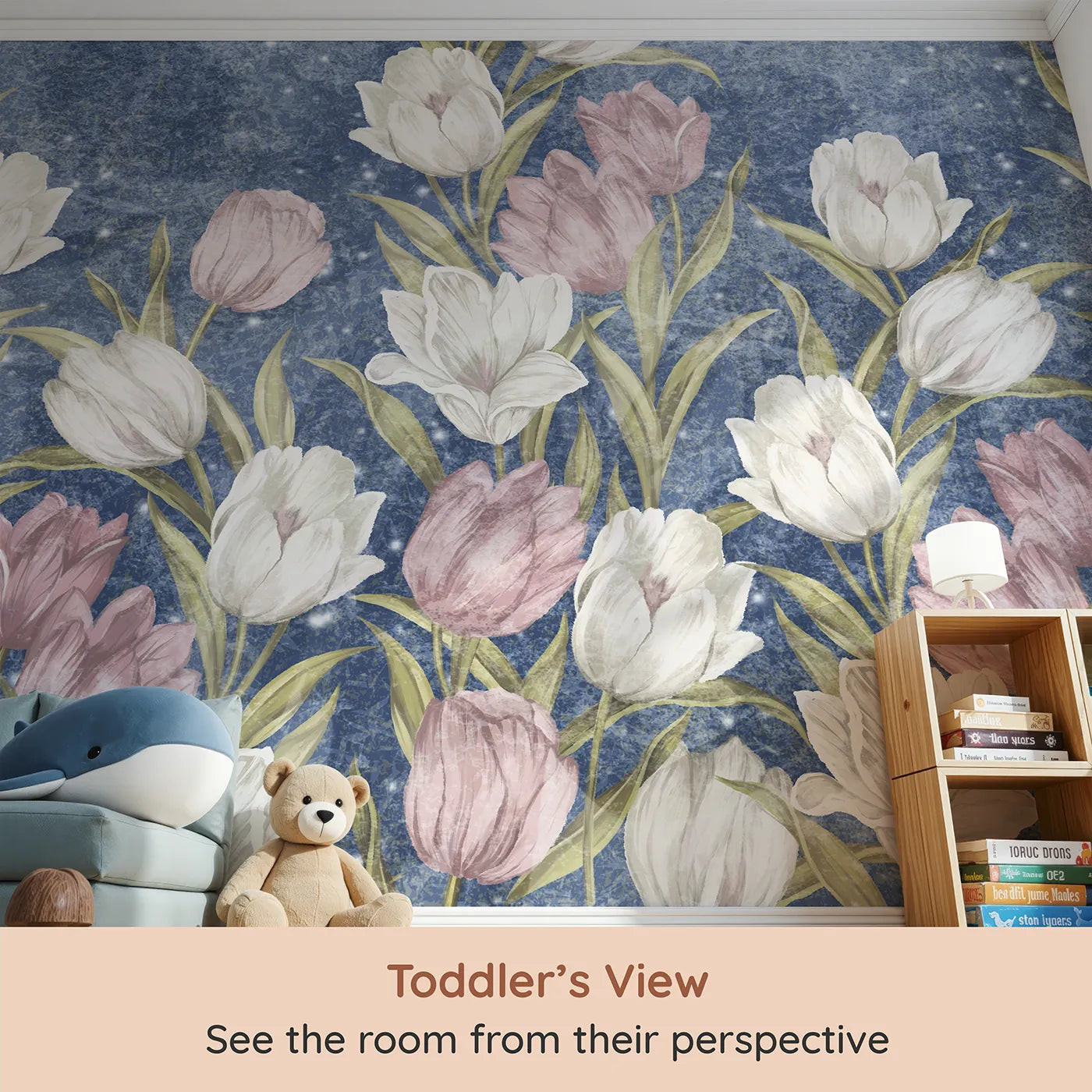 Whimsy Tots Starry Tulip Field Wall Mural (Turn Their Room into a Magical, Moonlit Tulip Garden) from your child's view.Best for Girls