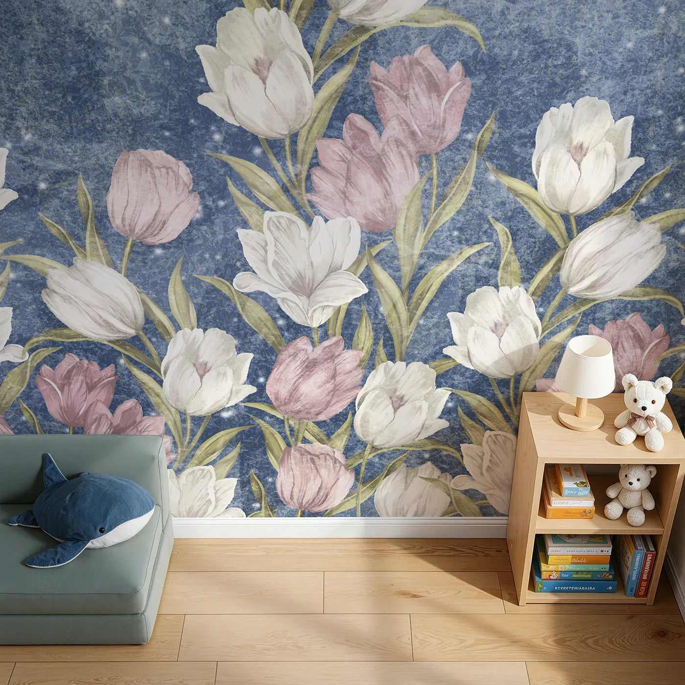 Top-down view of Whimsy Tots' Starry Tulip Field Wall Mural (Turn Their Room into a Magical, Moonlit Tulip Garden).Best for Girls