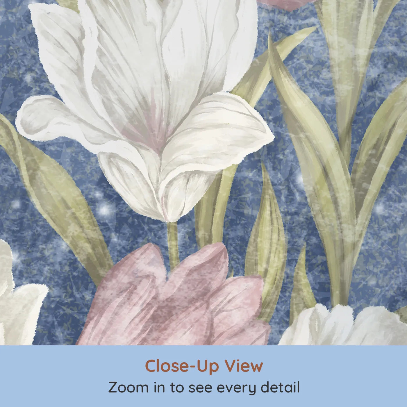 Close-up view of Whimsy Tots' Starry Tulip Field Wall Mural (Turn Their Room into a Magical, Moonlit Tulip Garden).Best for Girls