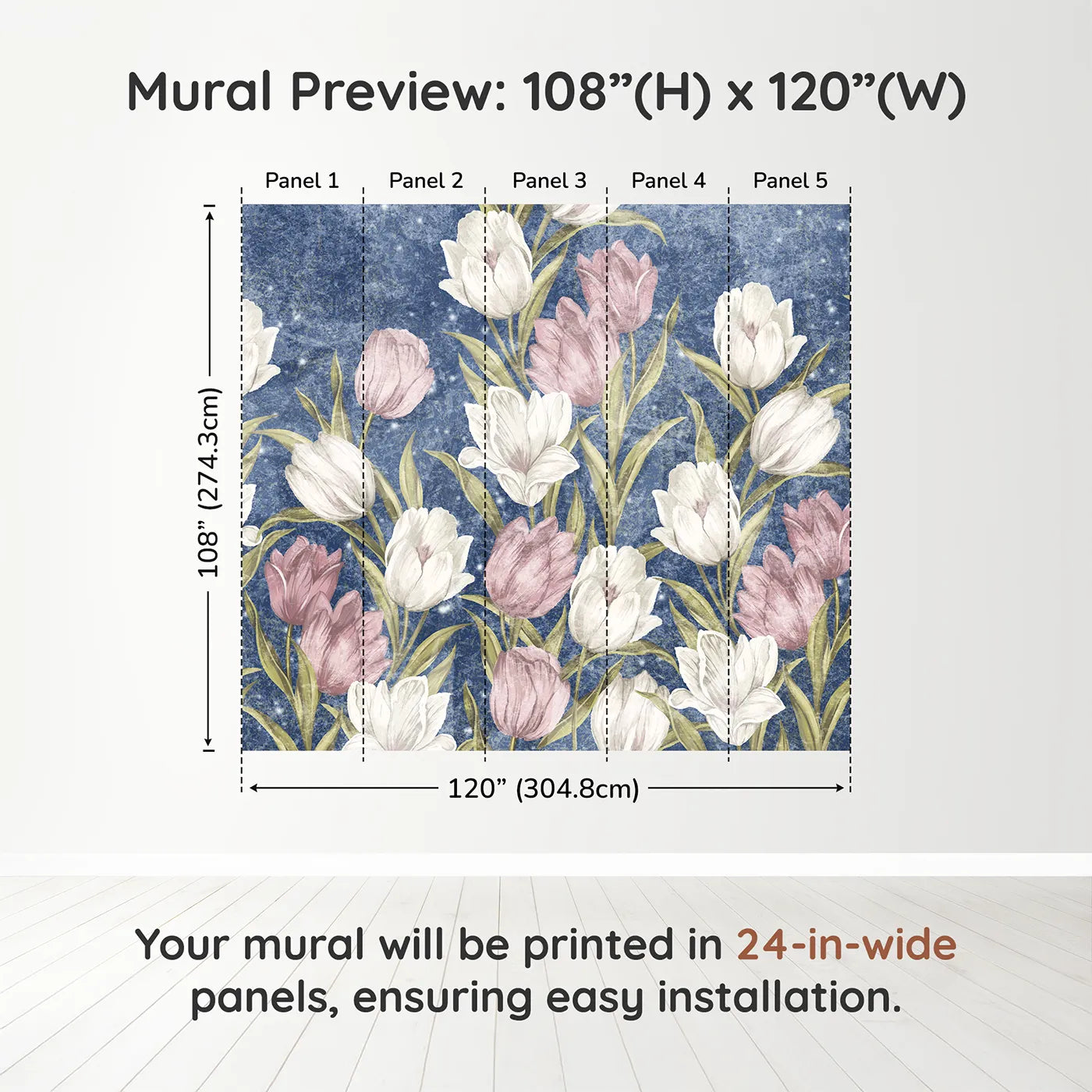 Whimsy Tots Starry Tulip Field Wall Muraldimension view (108" H x 120" W). Printed in five 24-inch-wide panels. Best for Girls