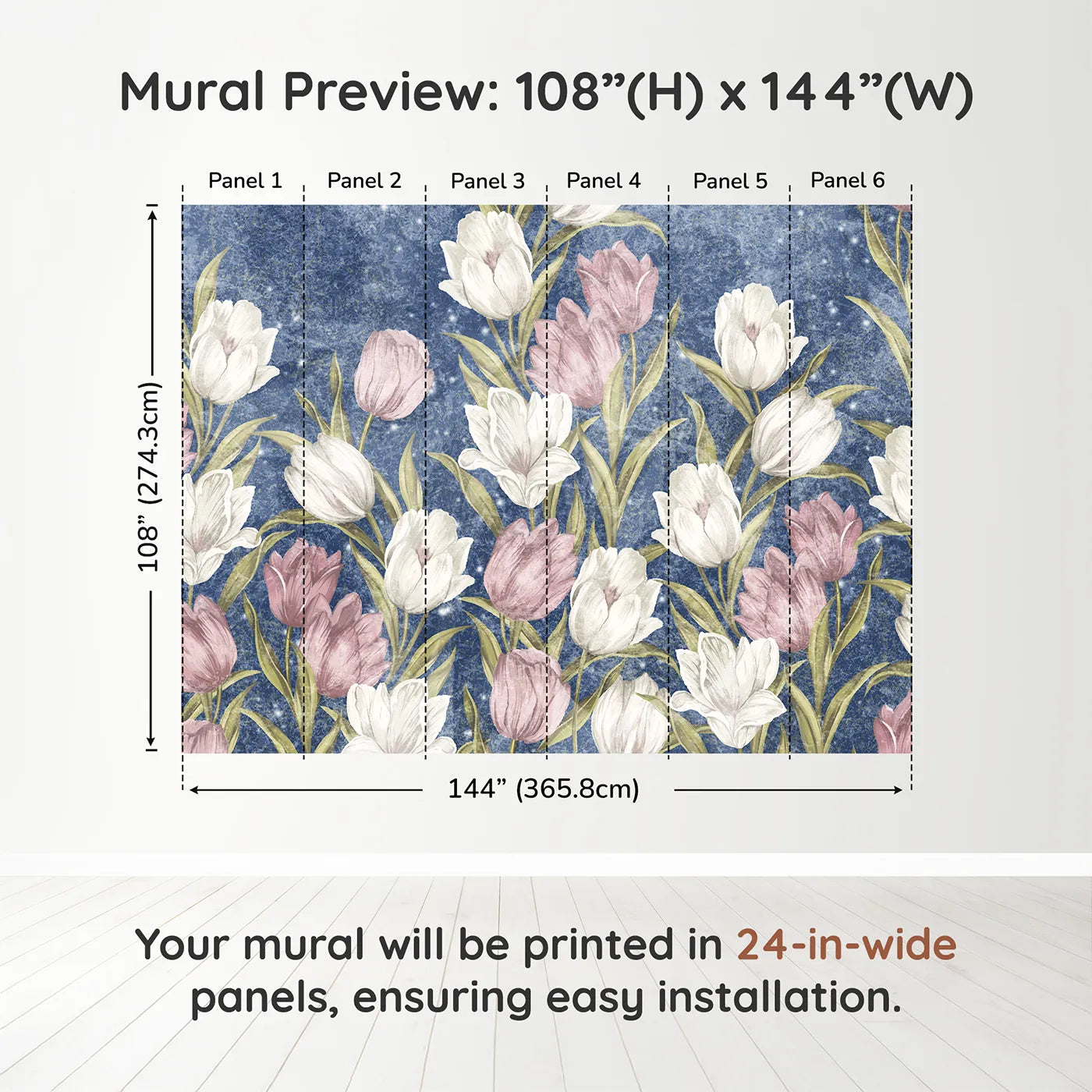 Whimsy Tots Starry Tulip Field Wall Muraldimension view (108" H x 144" W). Printed in six 24-inch-wide panels. Best for Girls