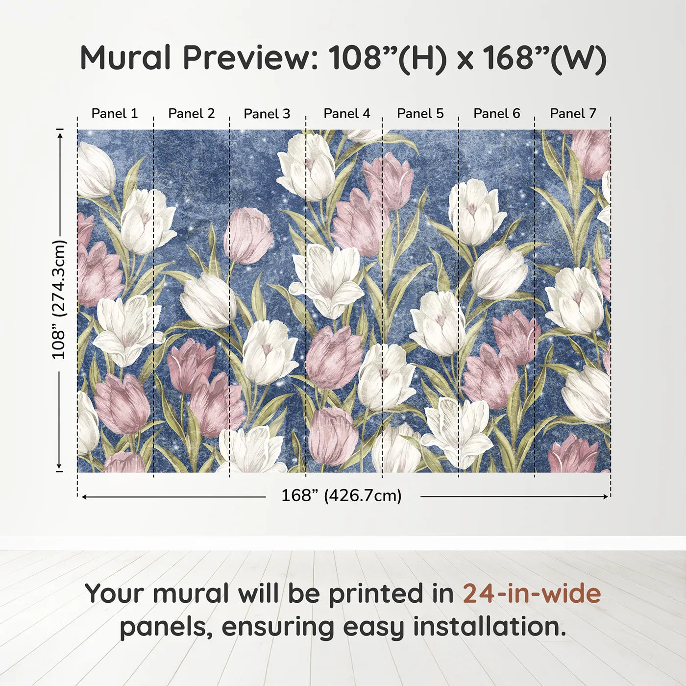 Whimsy Tots Starry Tulip Field Wall Muraldimension view (108" H x 168" W). Printed in seven 24-inch-wide panels. Best for Girls