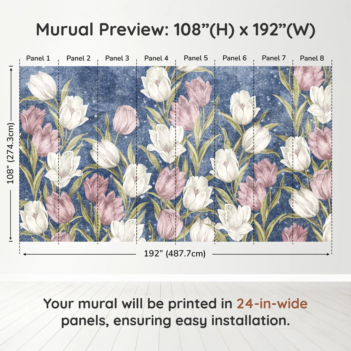 Whimsy Tots Starry Tulip Field Wall Muraldimension view (108" H x 192" W). Printed in eight 24-inch-wide panels. Best for Girls