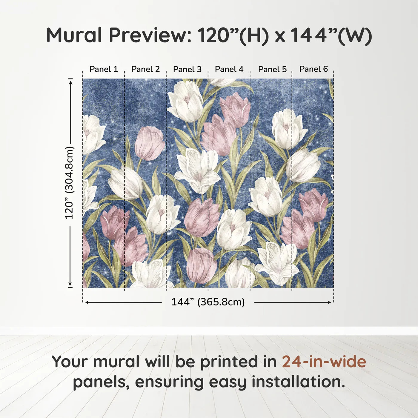 Whimsy Tots Starry Tulip Field Wall Muraldimension view (120" H x 144" W). Printed in six 24-inch-wide panels. Best for Girls
