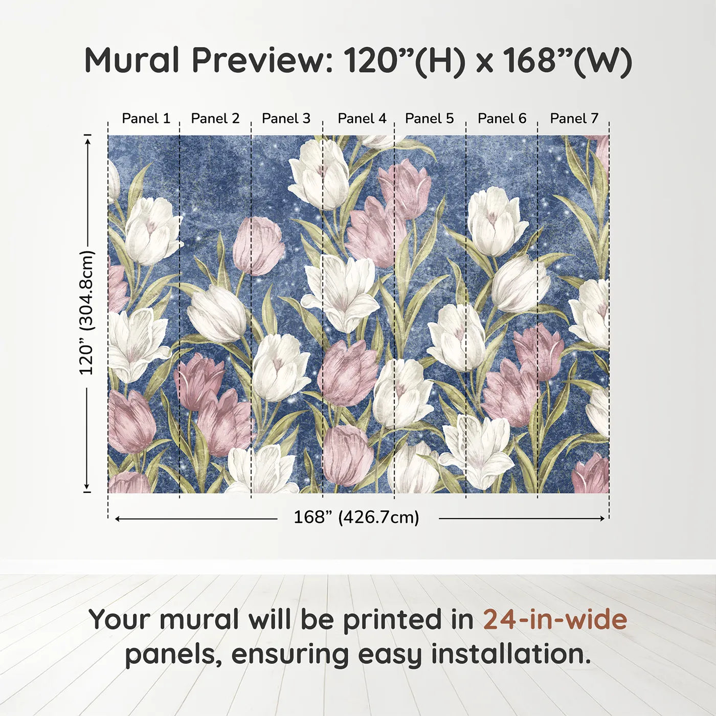 Whimsy Tots Starry Tulip Field Wall Muraldimension view (120" H x 168" W). Printed in seven 24-inch-wide panels. Best for Girls