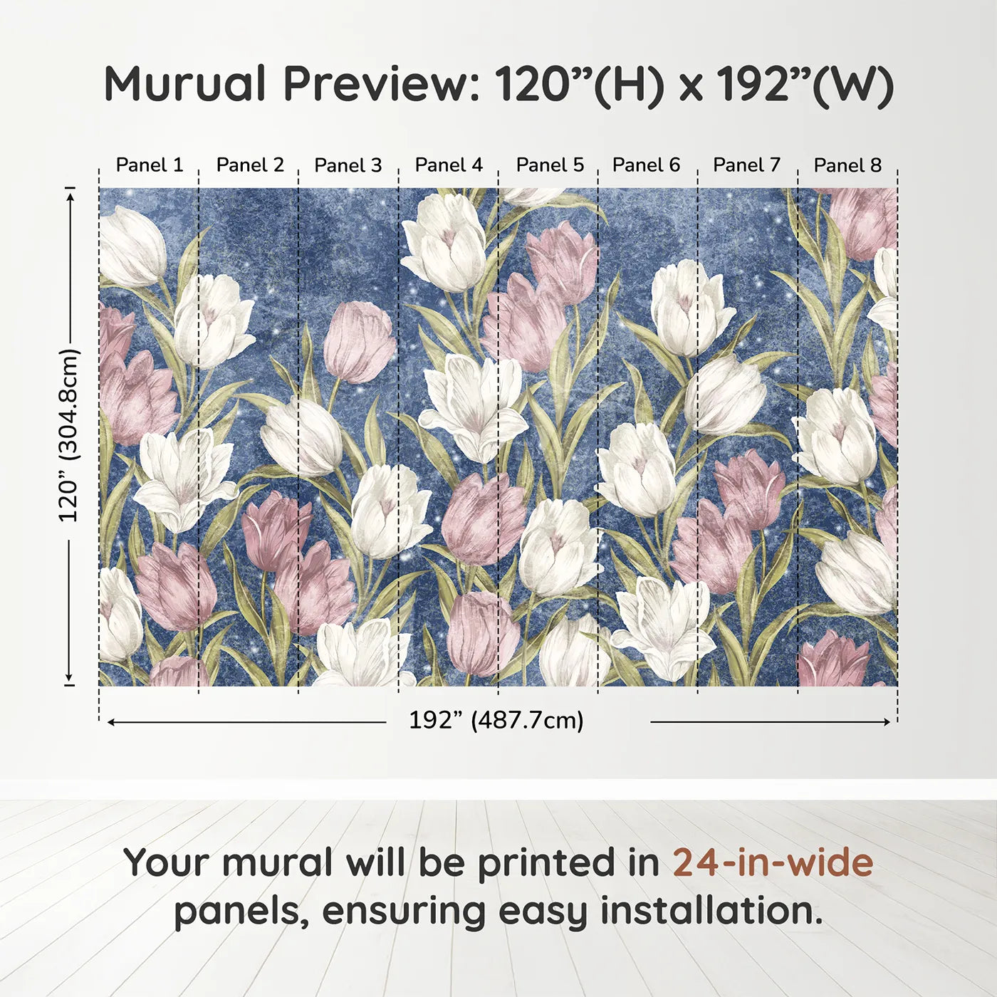 Whimsy Tots Starry Tulip Field Wall Muraldimension view (120" H x 192" W). Printed in eight 24-inch-wide panels. Best for Girls