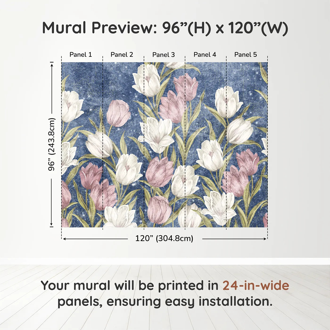 Whimsy Tots Starry Tulip Field Wall Muraldimension view (96" H x 120" W). Printed in five 24-inch-wide panels. Best for Girls