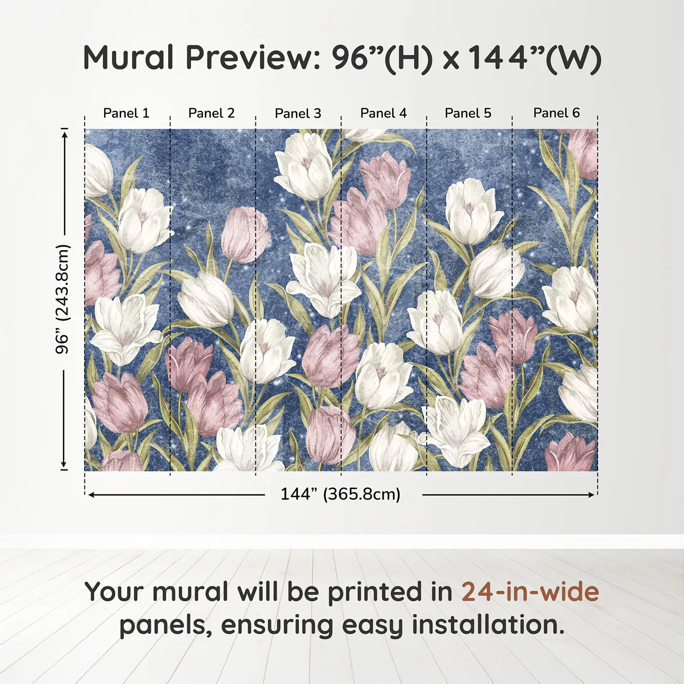 Whimsy Tots Starry Tulip Field Wall Muraldimension view (96" H x 144" W). Printed in six 24-inch-wide panels. Best for Girls