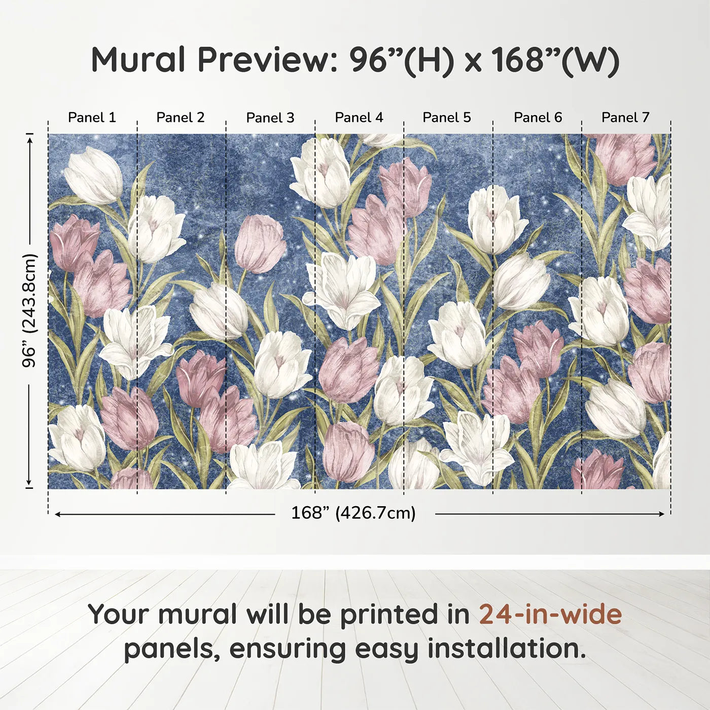 Whimsy Tots Starry Tulip Field Wall Muraldimension view (96" H x 168" W). Printed in seven 24-inch-wide panels. Best for Girls