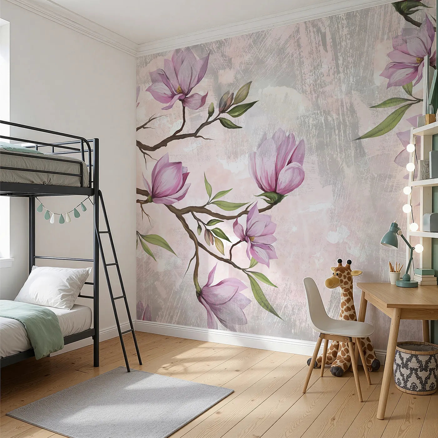 Angled view of Whimsy Tots' Magnolia Branch Wall Mural (Turn Their Room into a Vision of Springtime Grace).Best for Girls