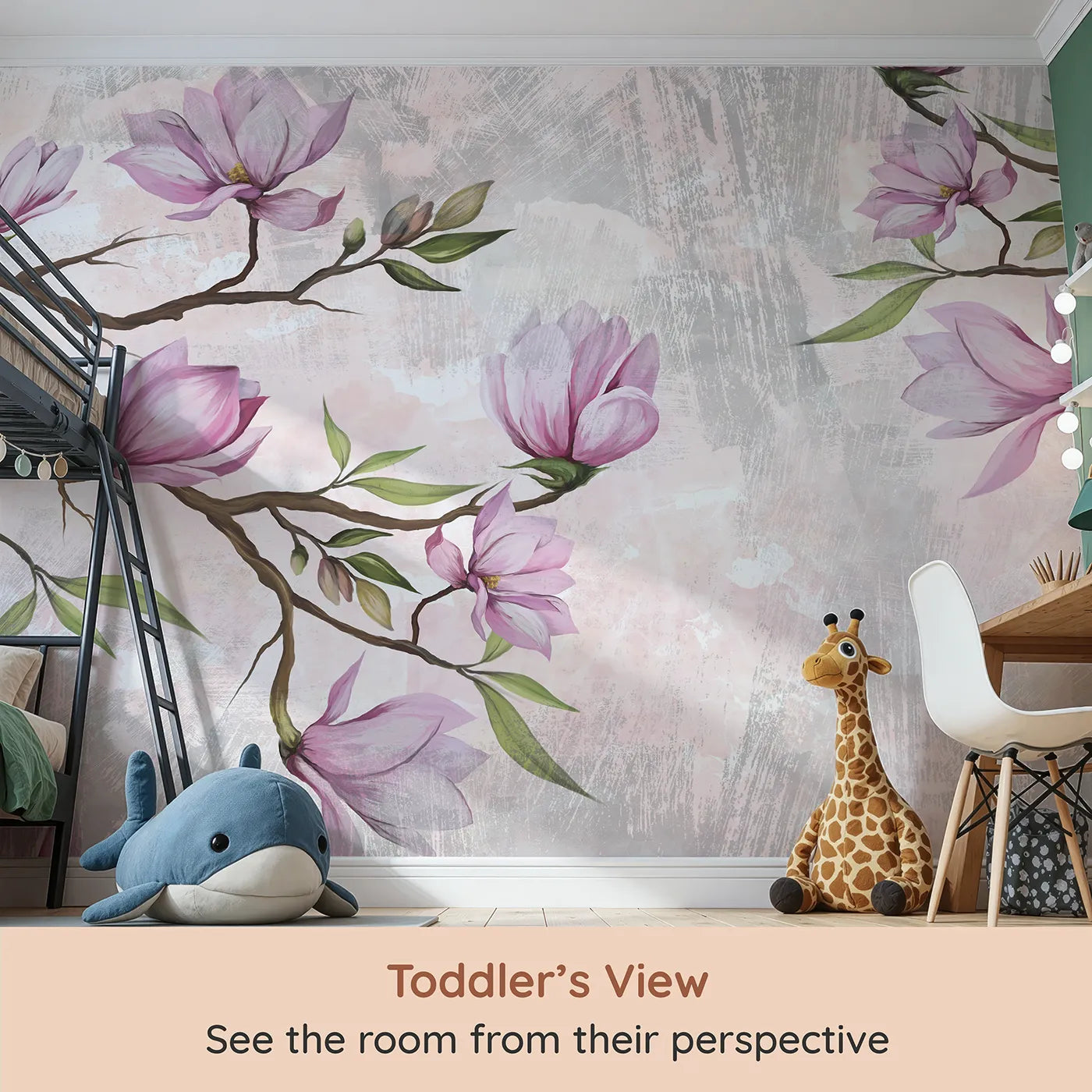 Whimsy Tots Magnolia Branch Wall Mural (Turn Their Room into a Vision of Springtime Grace) from your child's view.Best for Girls