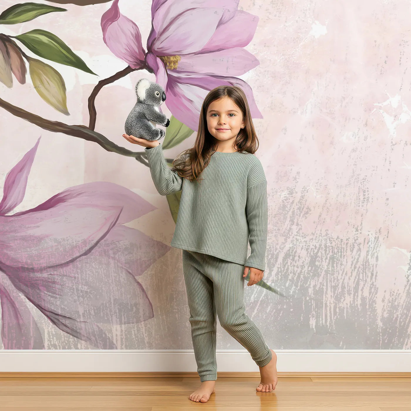 Child in front of Whimsy Tots Magnolia Branch Wall Mural with magnolia, flower, branch, pink, floral, abstract, painterly, spring in design.
