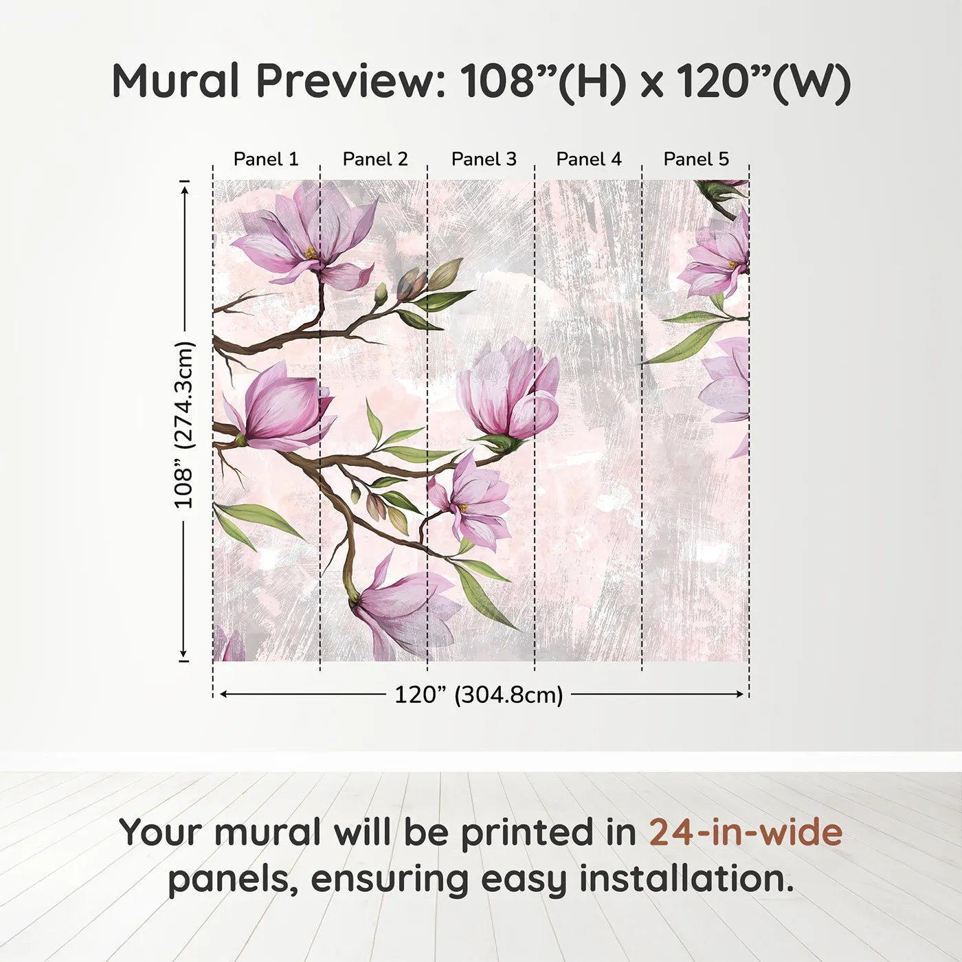Whimsy Tots Magnolia Branch Wall Muraldimension view (108" H x 120" W). Printed in five 24-inch-wide panels. Best for Girls