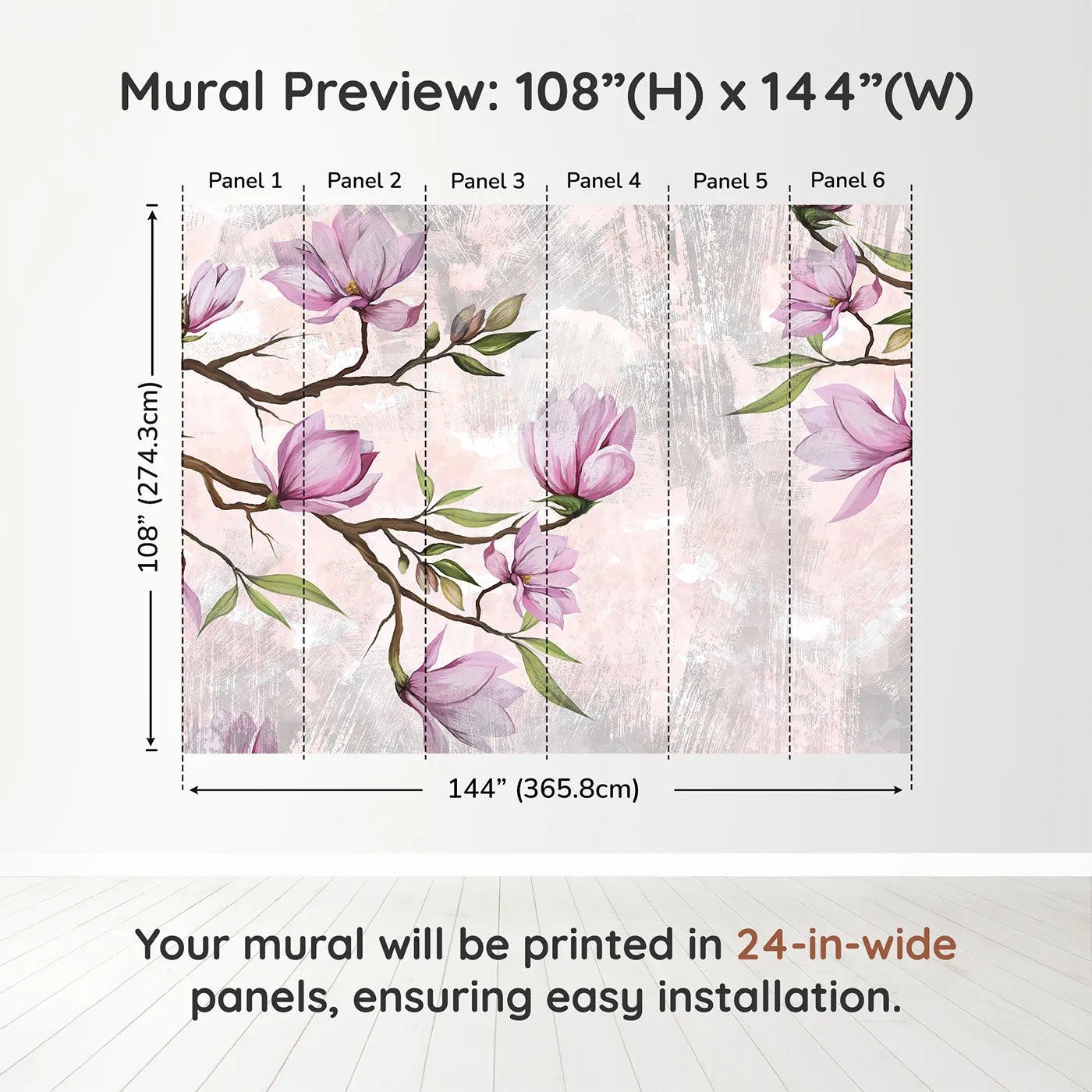 Whimsy Tots Magnolia Branch Wall Muraldimension view (108" H x 144" W). Printed in six 24-inch-wide panels. Best for Girls