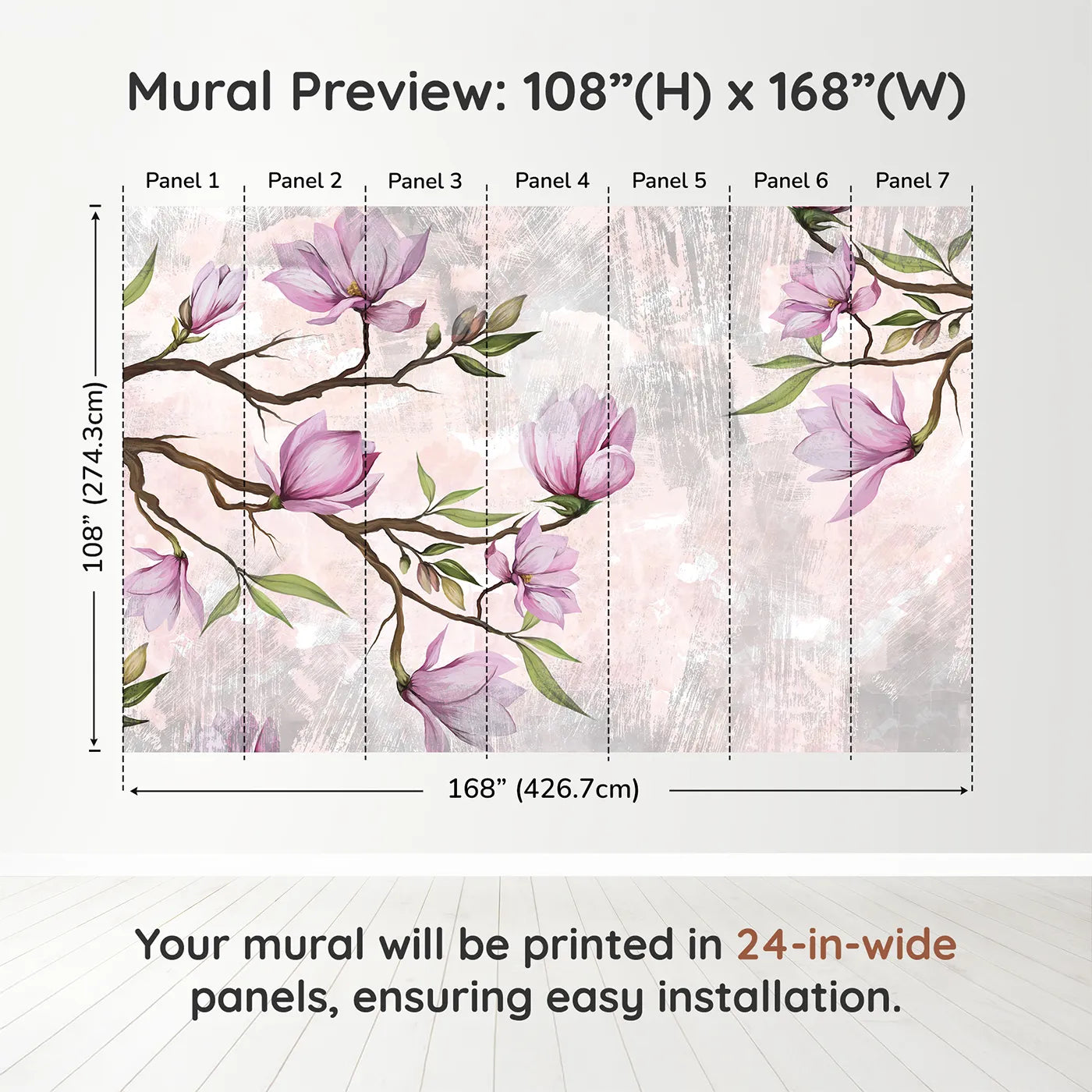 Whimsy Tots Magnolia Branch Wall Muraldimension view (108" H x 168" W). Printed in seven 24-inch-wide panels. Best for Girls