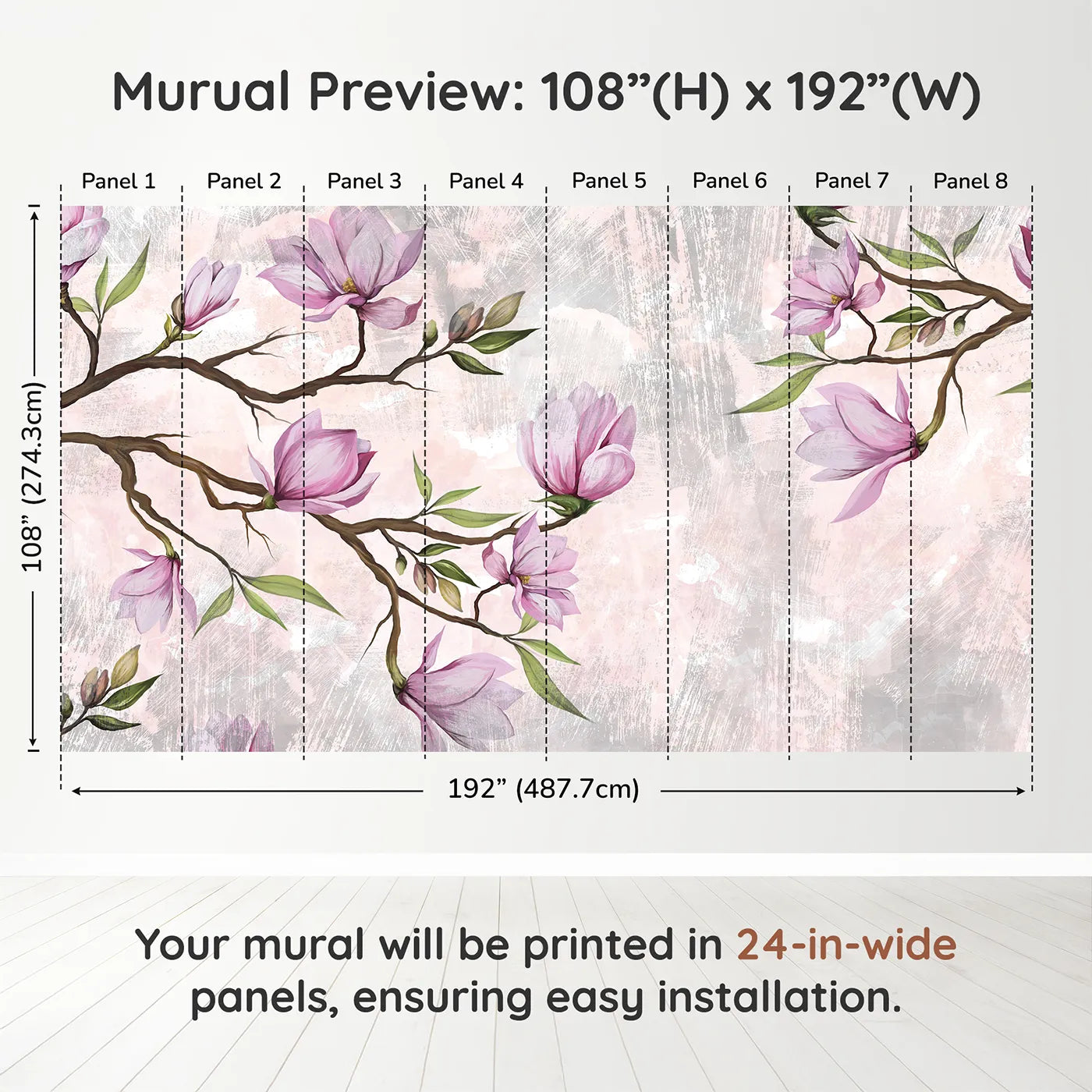 Whimsy Tots Magnolia Branch Wall Muraldimension view (108" H x 192" W). Printed in eight 24-inch-wide panels. Best for Girls