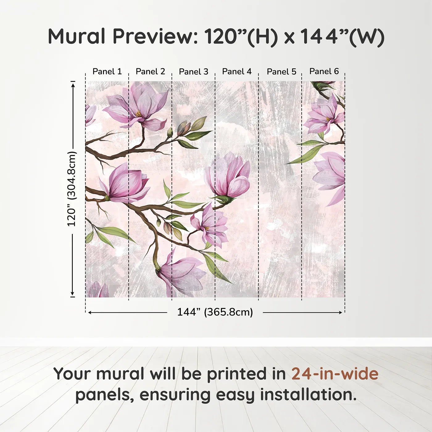 Whimsy Tots Magnolia Branch Wall Muraldimension view (120" H x 144" W). Printed in six 24-inch-wide panels. Best for Girls