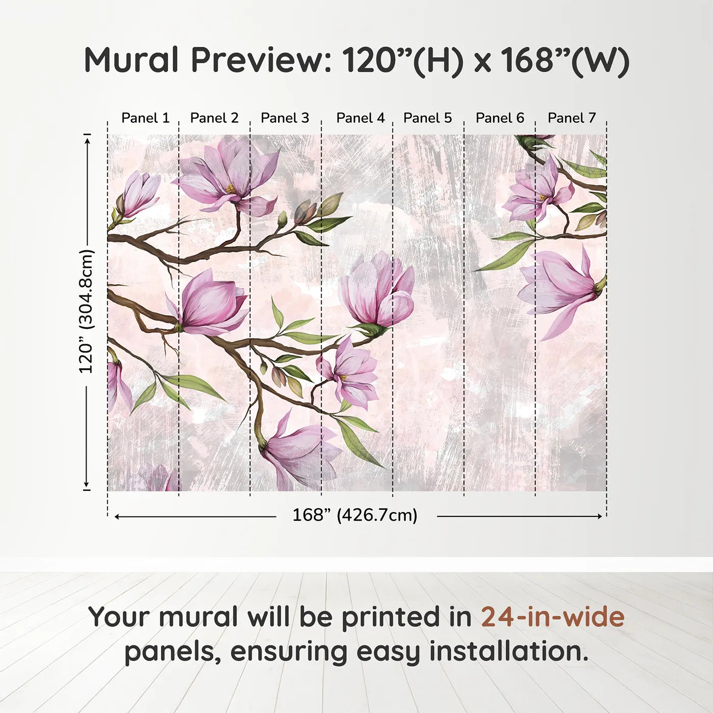 Whimsy Tots Magnolia Branch Wall Muraldimension view (120" H x 168" W). Printed in seven 24-inch-wide panels. Best for Girls