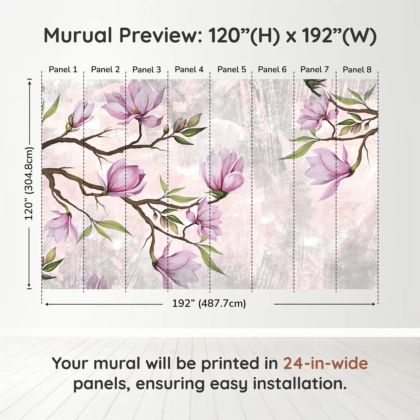 Whimsy Tots Magnolia Branch Wall Muraldimension view (120" H x 192" W). Printed in eight 24-inch-wide panels. Best for Girls