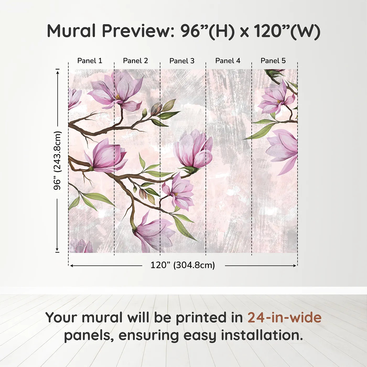 Whimsy Tots Magnolia Branch Wall Muraldimension view (96" H x 120" W). Printed in five 24-inch-wide panels. Best for Girls