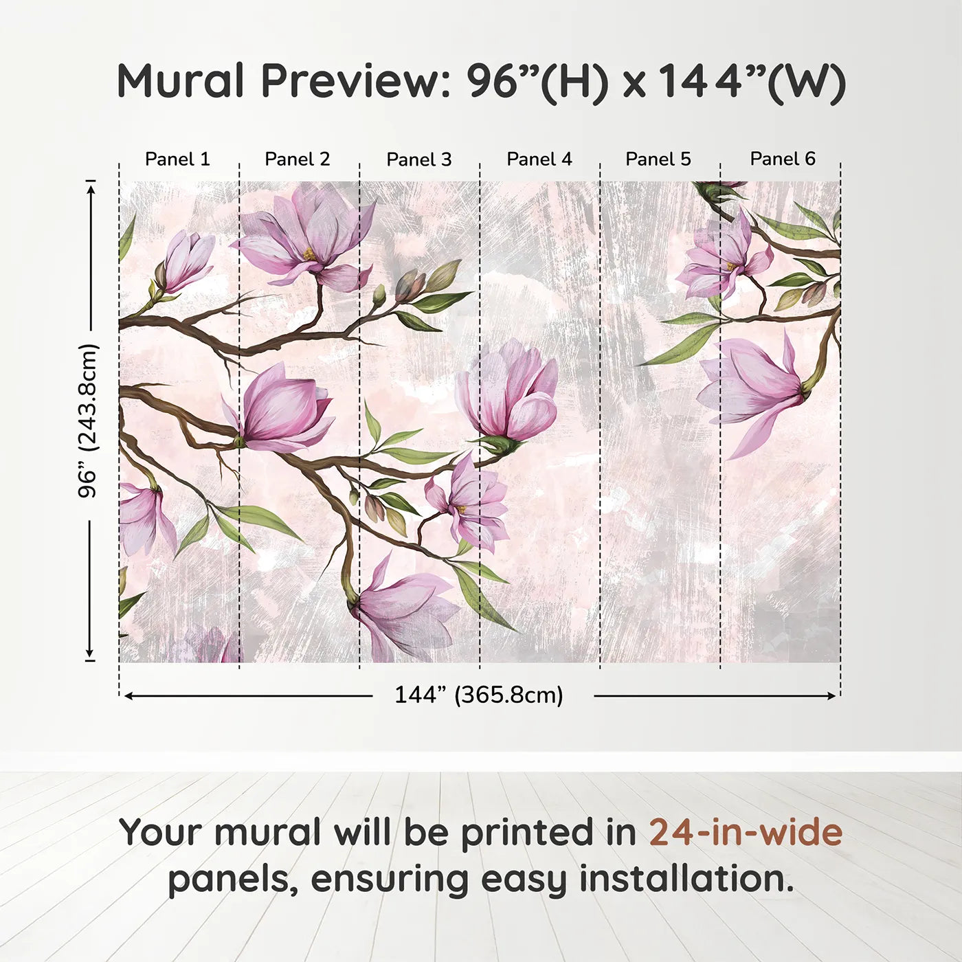Whimsy Tots Magnolia Branch Wall Muraldimension view (96" H x 144" W). Printed in six 24-inch-wide panels. Best for Girls