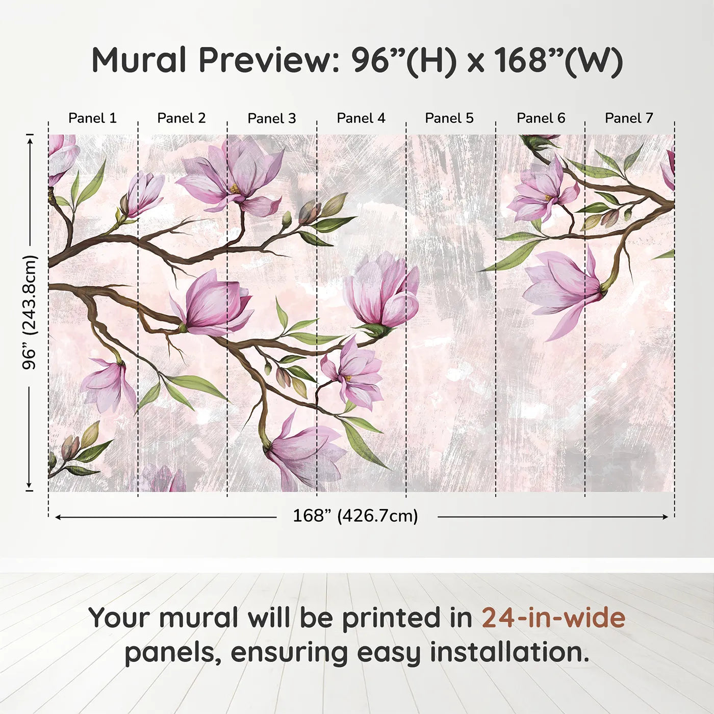 Whimsy Tots Magnolia Branch Wall Muraldimension view (96" H x 168" W). Printed in seven 24-inch-wide panels. Best for Girls