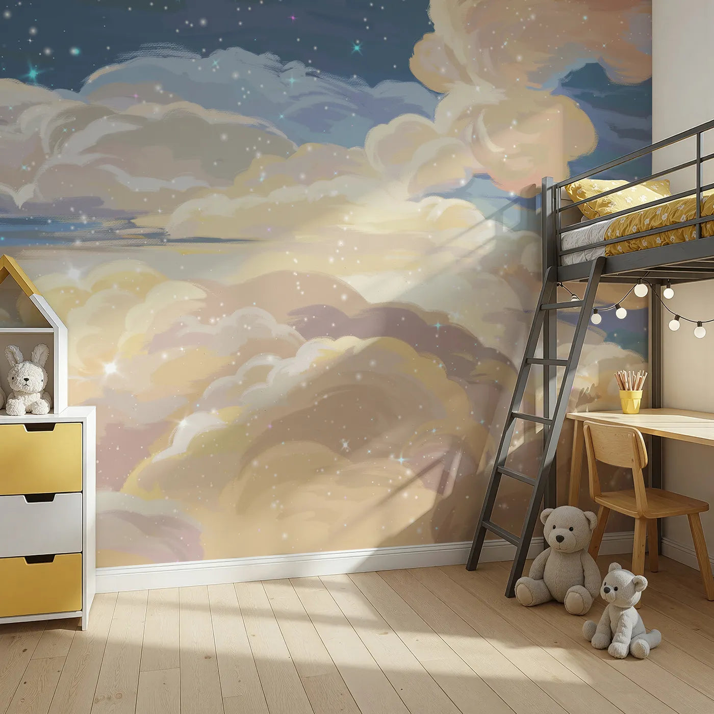 Angled view of Whimsy Tots' Golden Hour Clouds Wall Mural (Turn Their Room into a Dreamy, Sunset Sky).Gender-Neutral