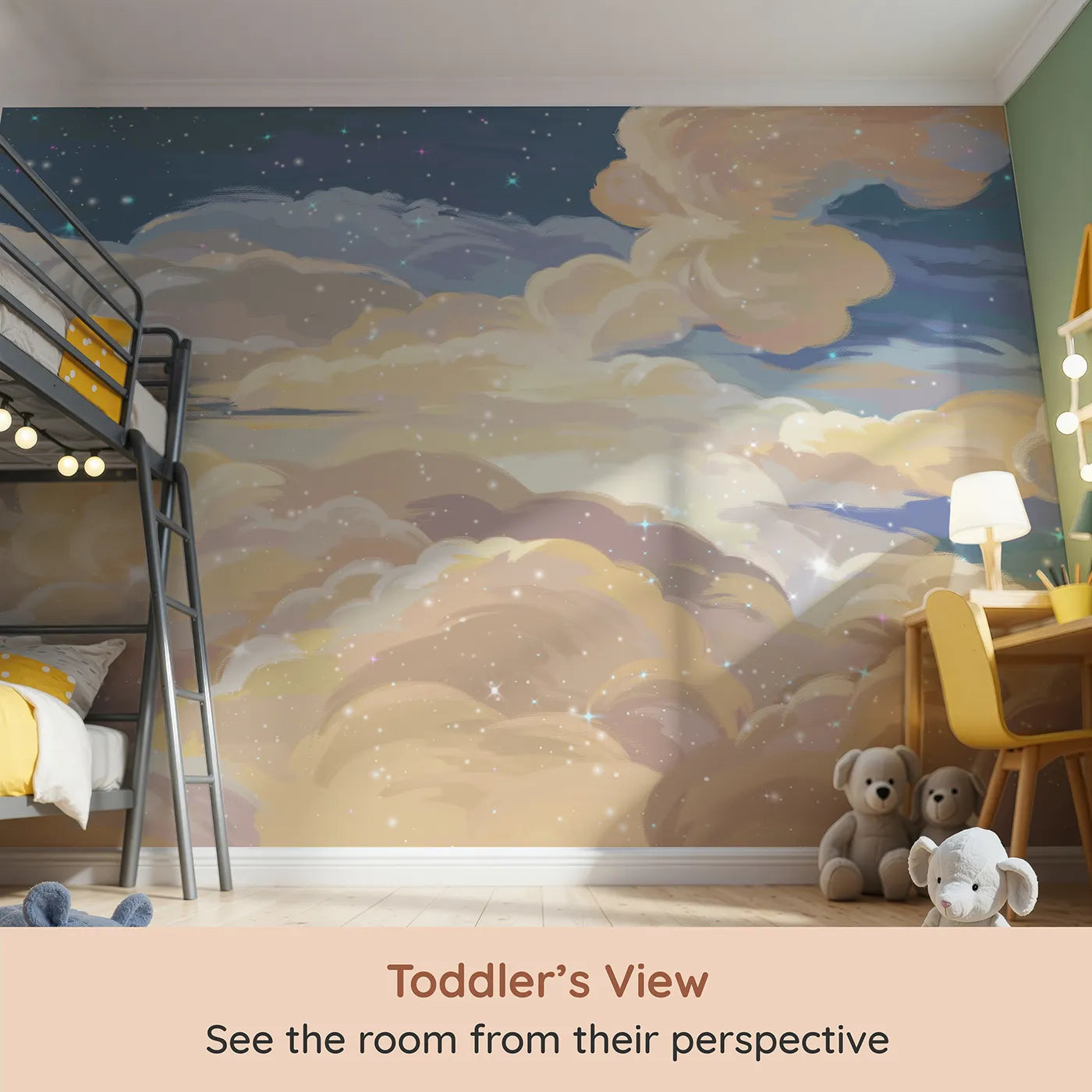 Whimsy Tots Golden Hour Clouds Wall Mural (Turn Their Room into a Dreamy, Sunset Sky) from your child's view.Gender-Neutral