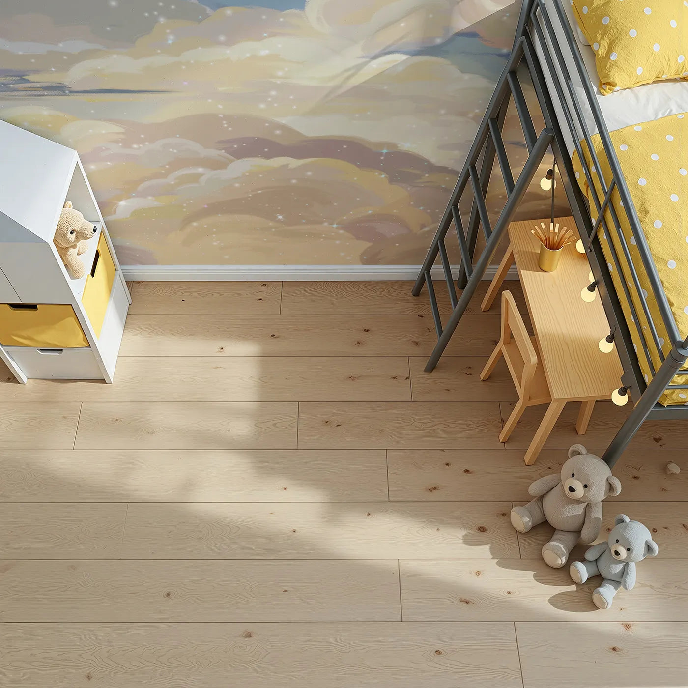 Top-down view of Whimsy Tots' Golden Hour Clouds Wall Mural (Turn Their Room into a Dreamy, Sunset Sky).Gender-Neutral