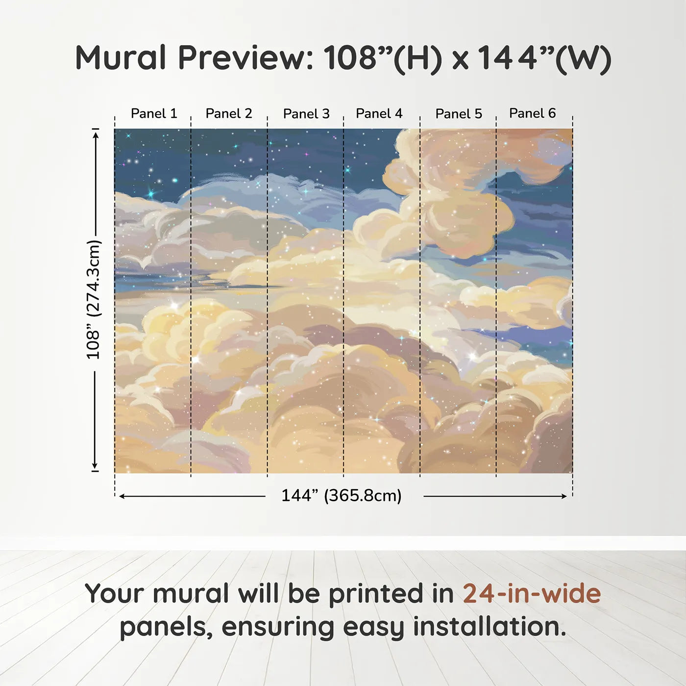 Whimsy Tots Golden Hour Clouds Wall Muraldimension view (108" H x 144" W). Printed in six 24-inch-wide panels. Gender-Neutral