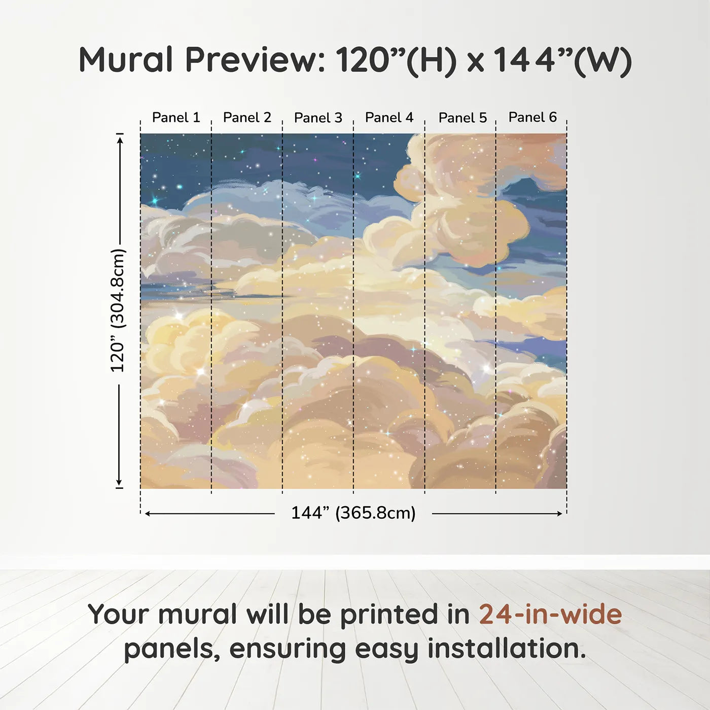 Whimsy Tots Golden Hour Clouds Wall Muraldimension view (120" H x 144" W). Printed in six 24-inch-wide panels. Gender-Neutral