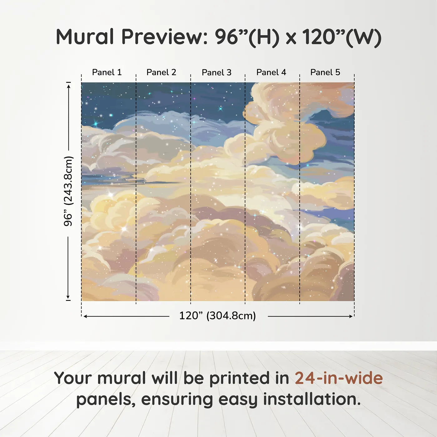 Whimsy Tots Golden Hour Clouds Wall Muraldimension view (96" H x 120" W). Printed in five 24-inch-wide panels. Gender-Neutral