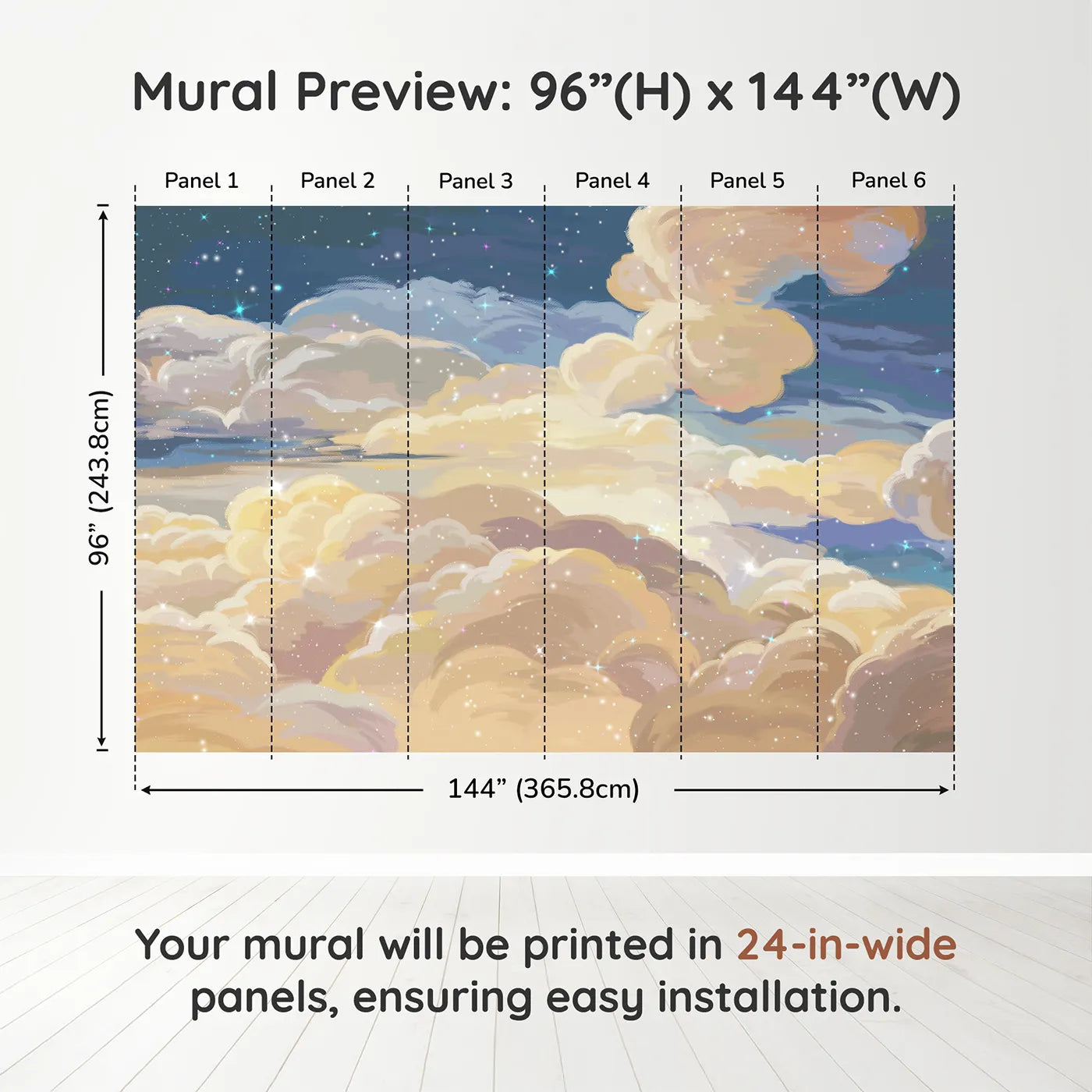 Whimsy Tots Golden Hour Clouds Wall Muraldimension view (96" H x 144" W). Printed in six 24-inch-wide panels. Gender-Neutral