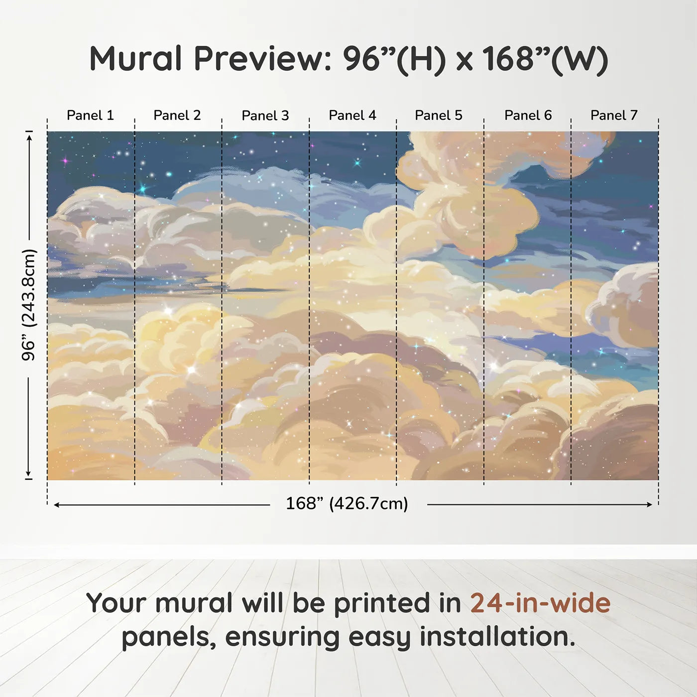 Whimsy Tots Golden Hour Clouds Wall Muraldimension view (96" H x 168" W). Printed in seven 24-inch-wide panels. Gender-Neutral