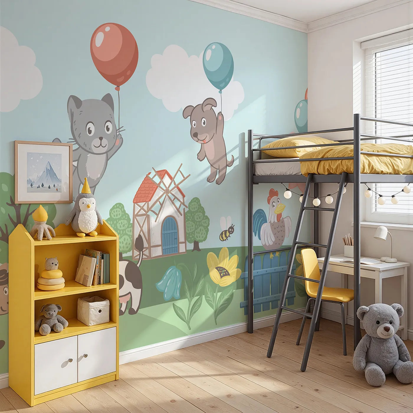 Angled view of Whimsy Tots' Farm Animal Balloon Party Wall Mural (Turn Their Room into a Floating Farmyard Parade).Gender-Neutral